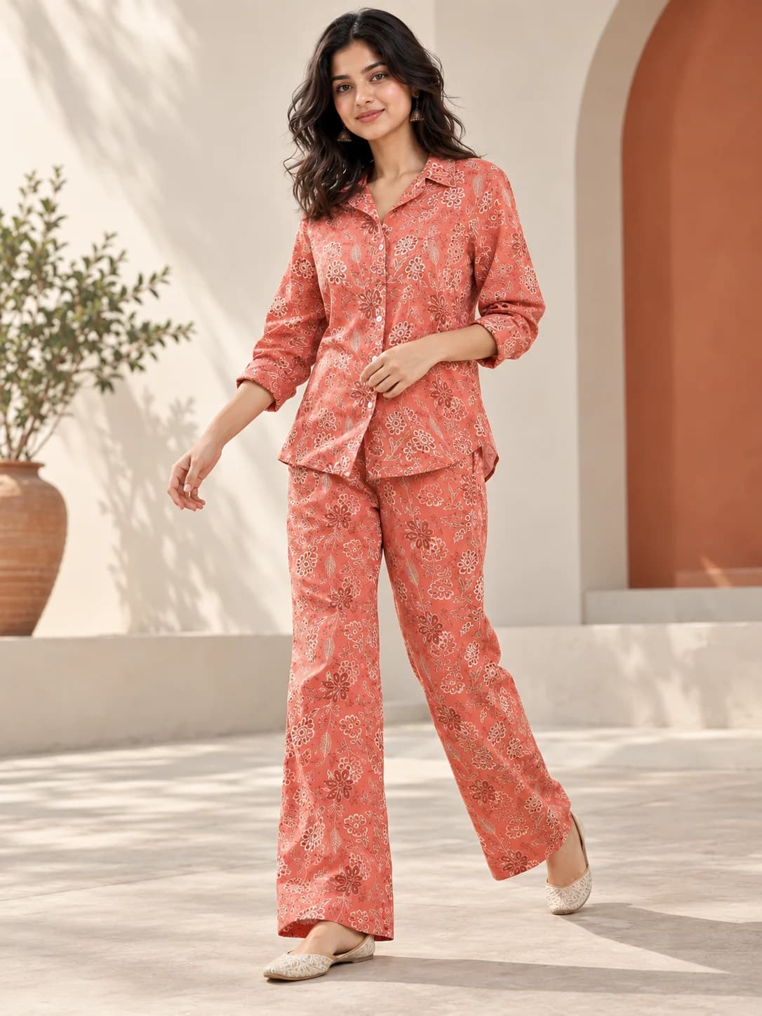 Coral Cotton Block-Print Co-ord Set product image — Coral thumbnail 3
