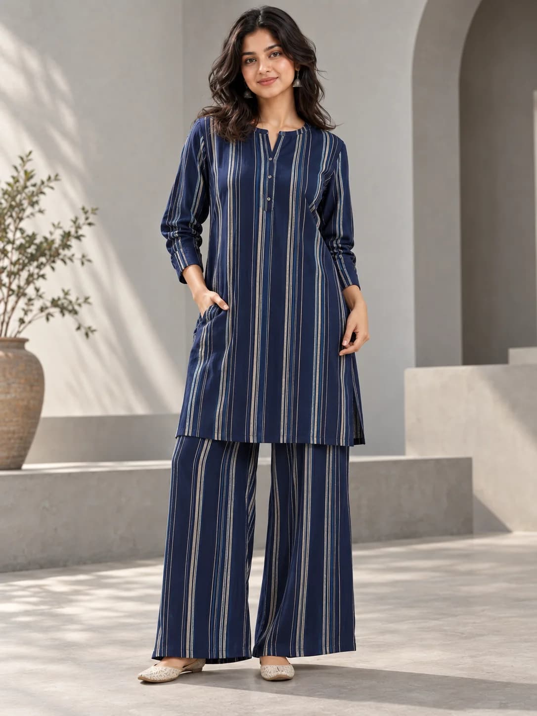 Navy Striped Rayon Tunic & Palazzo Set product image — Navy — image 1