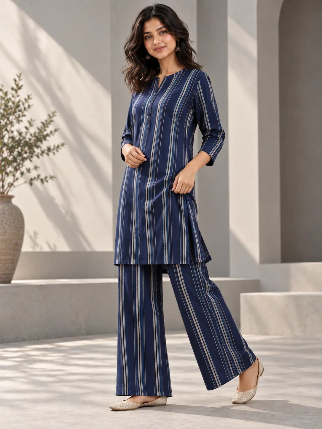 Navy Striped Rayon Tunic & Palazzo Set product image — Navy thumbnail 2