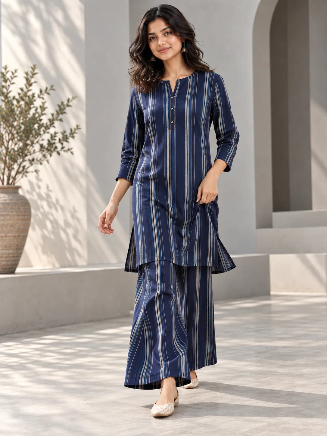 Navy Striped Rayon Tunic & Palazzo Set product image — Navy thumbnail 3