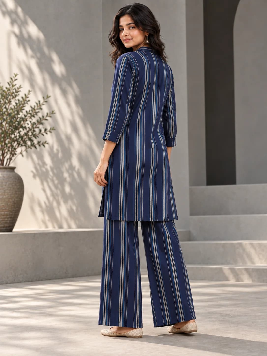 Navy Striped Rayon Tunic & Palazzo Set product image — Navy thumbnail 4