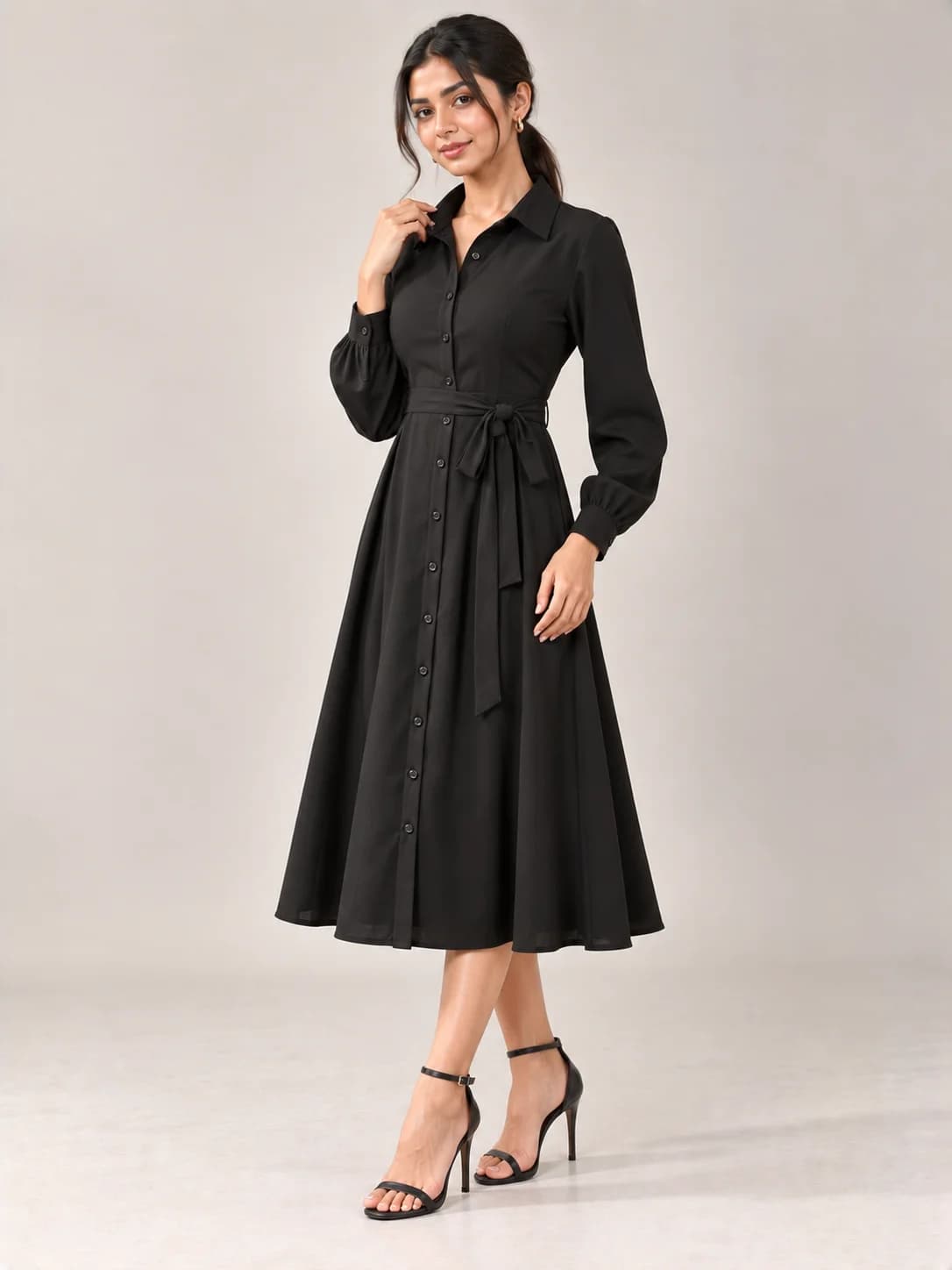 Black Crepe Midi Shirt Dress product image — Black thumbnail 2