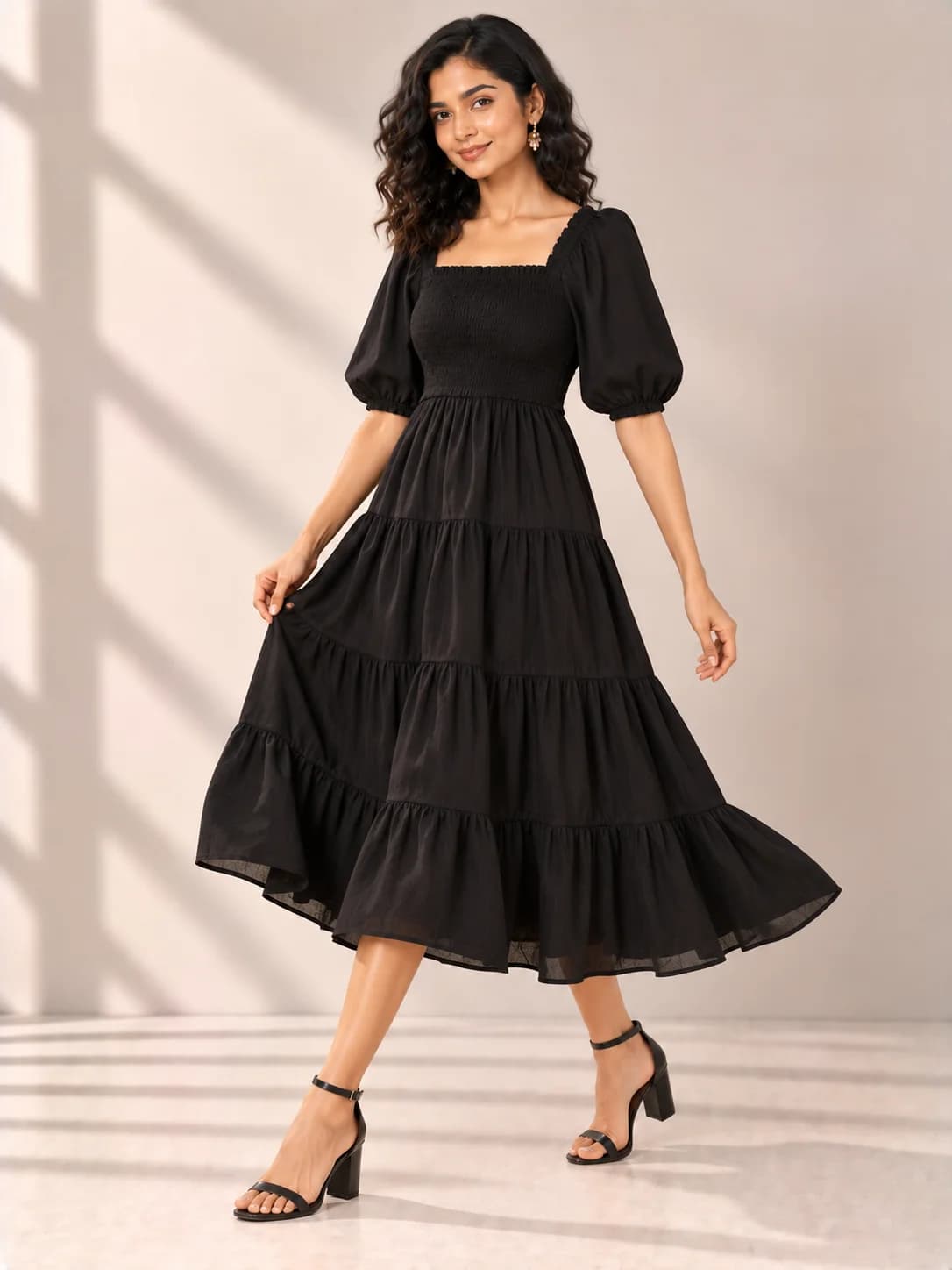 Black Rayon Smocked Tiered Midi Dress product image — Black thumbnail 2