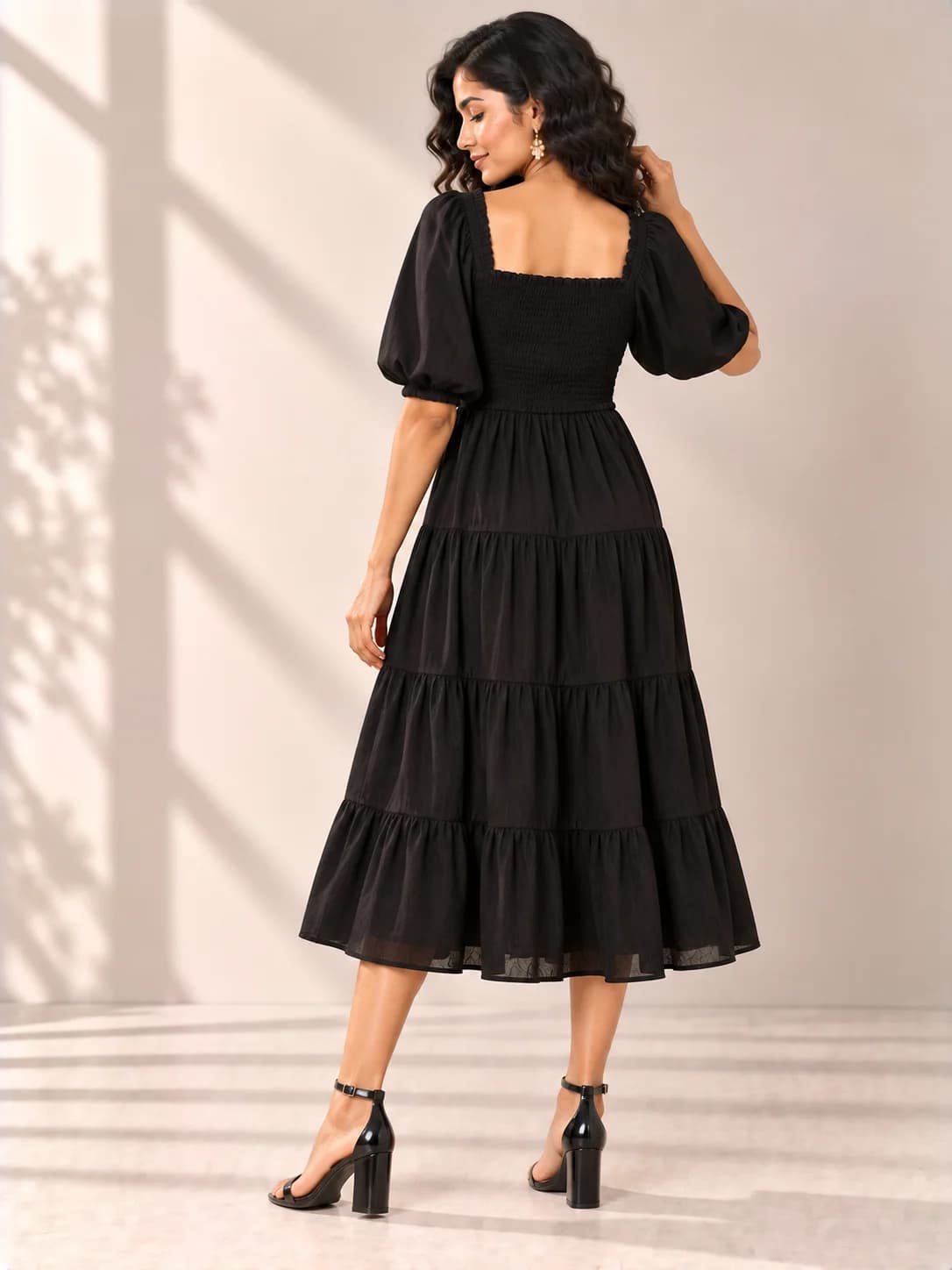Black Rayon Smocked Tiered Midi Dress product image — Black thumbnail 4