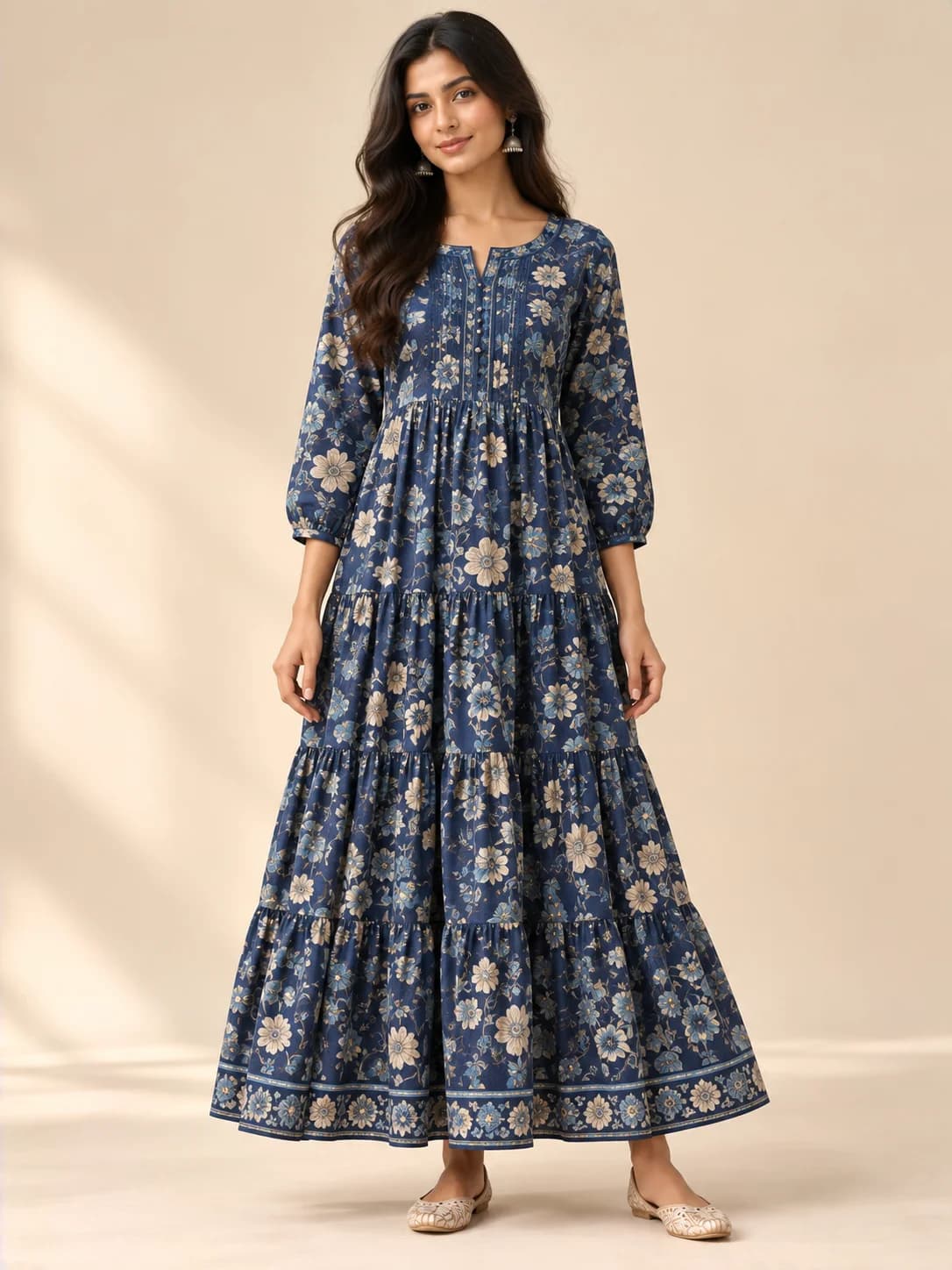 Indigo Cotton Floral Tiered Dress product image — Indigo — image 1