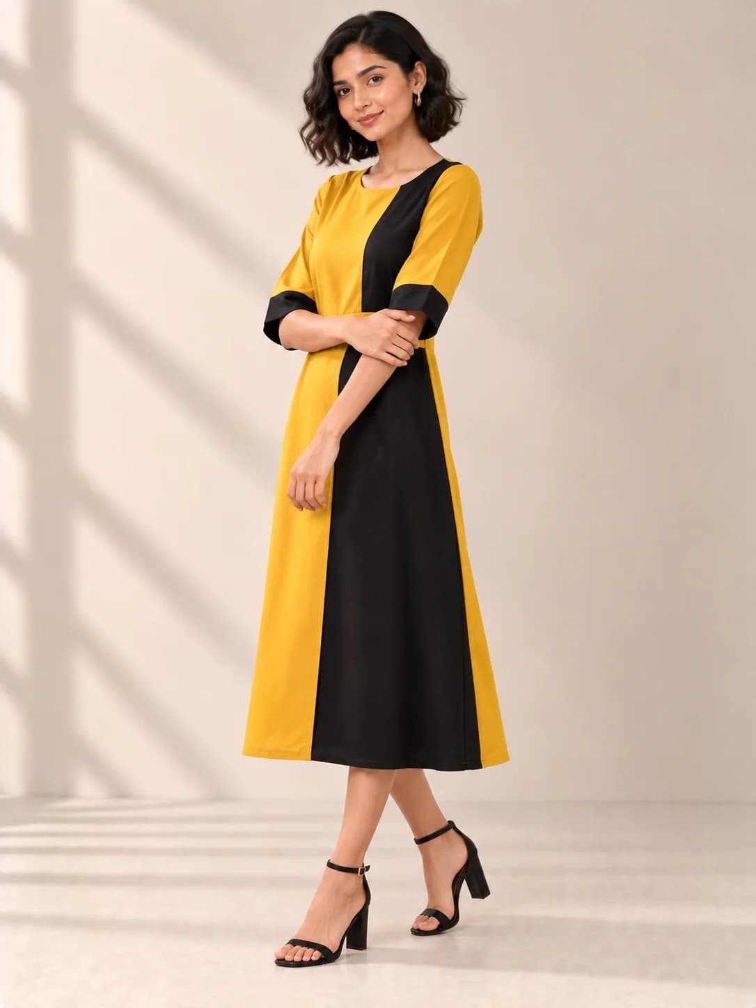 Mustard & Black Colour-Block Shift Dress product image — Mustard thumbnail 2