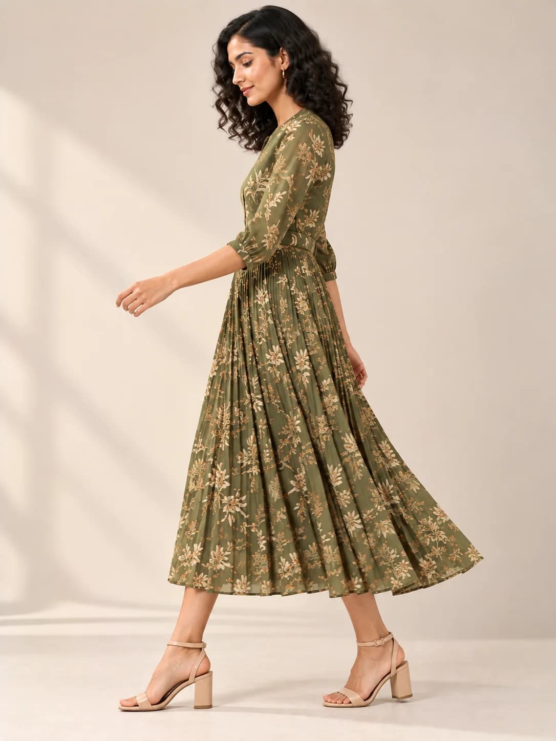 Olive Viscose Printed Pleated Midi product image — Olive thumbnail 3