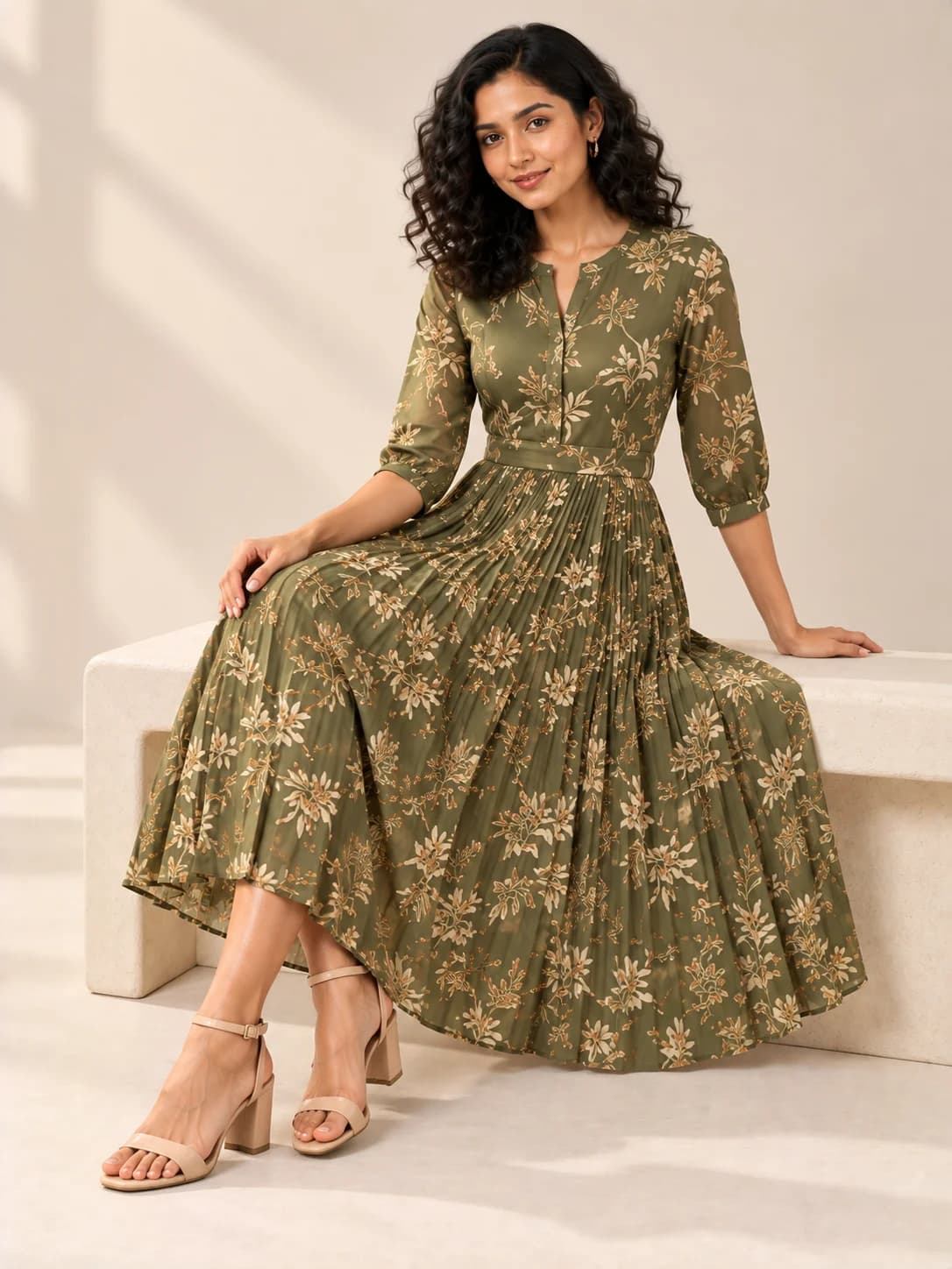 Olive Viscose Printed Pleated Midi product image — Olive thumbnail 4