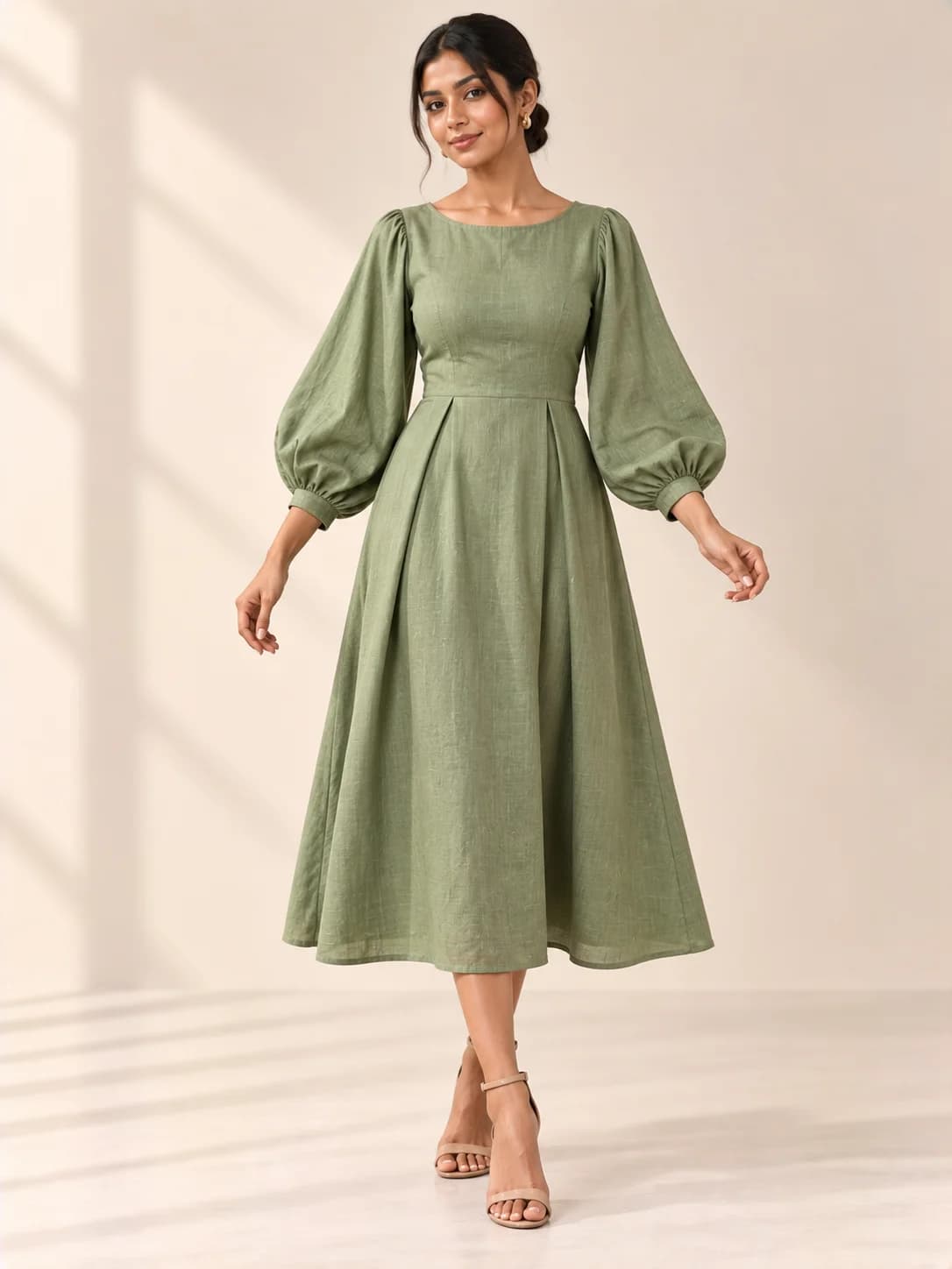 Sage Green Linen Balloon-Sleeve Midi Dress product image — Sage Green — image 1