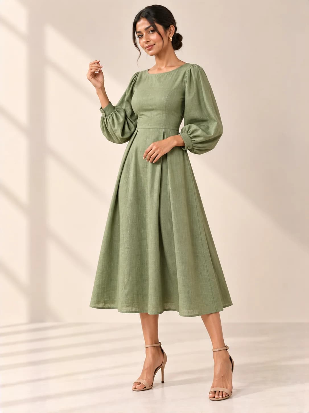 Sage Green Linen Balloon-Sleeve Midi Dress product image — Sage Green thumbnail 2