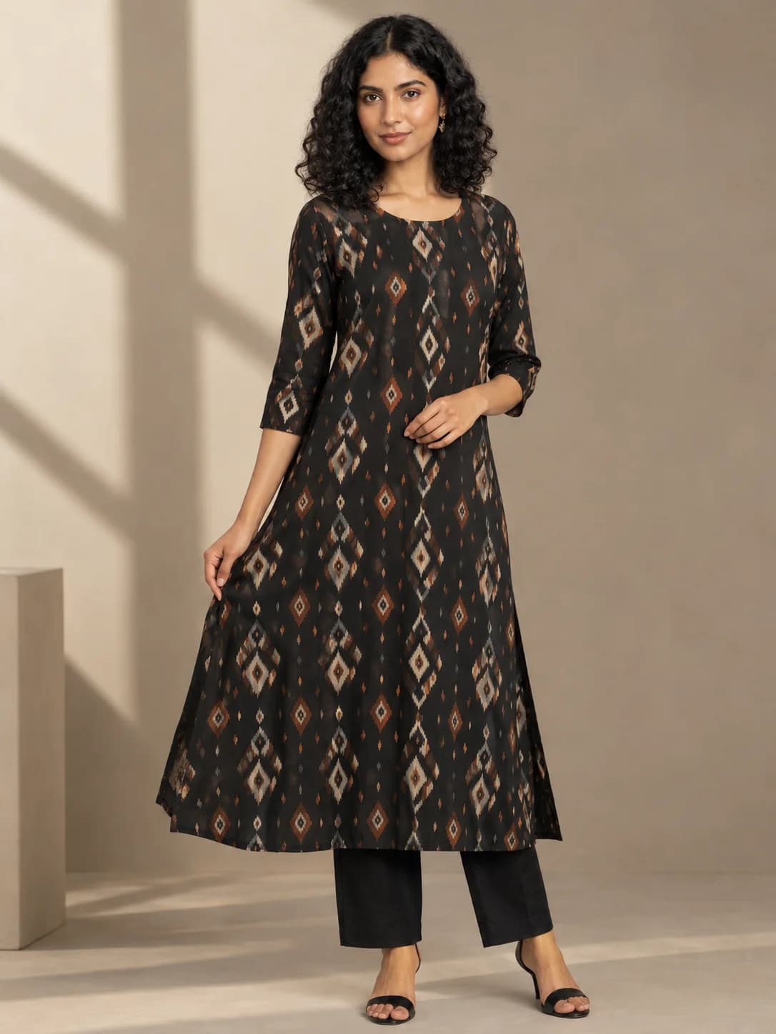 Black Geometric Ikat A-Line Kurta product image — Black thumbnail 2