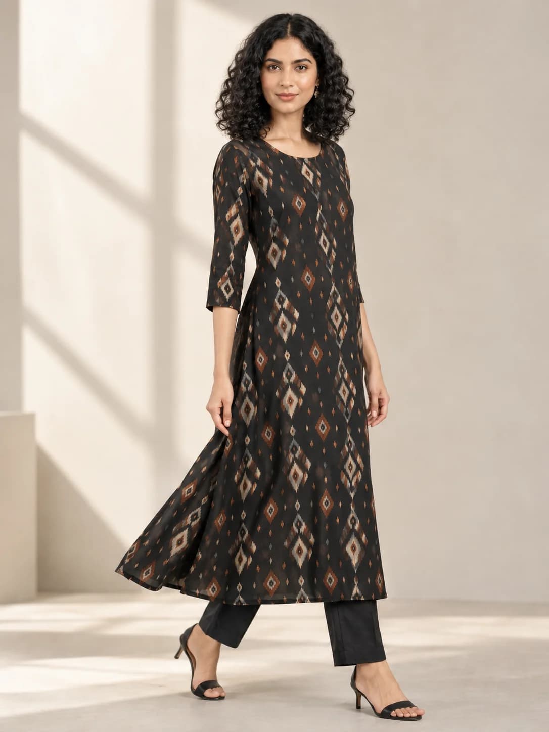 Black Geometric Ikat A-Line Kurta product image — Black thumbnail 3