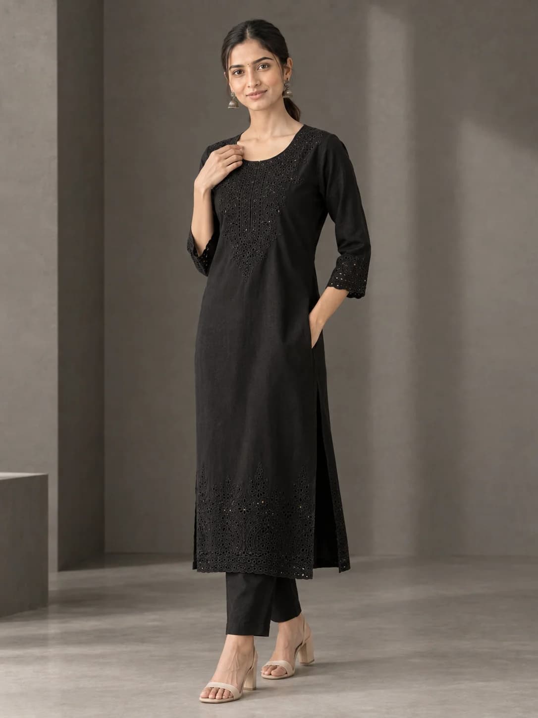 Black Schiffli Embroidered Straight Kurta product image — Black thumbnail 2
