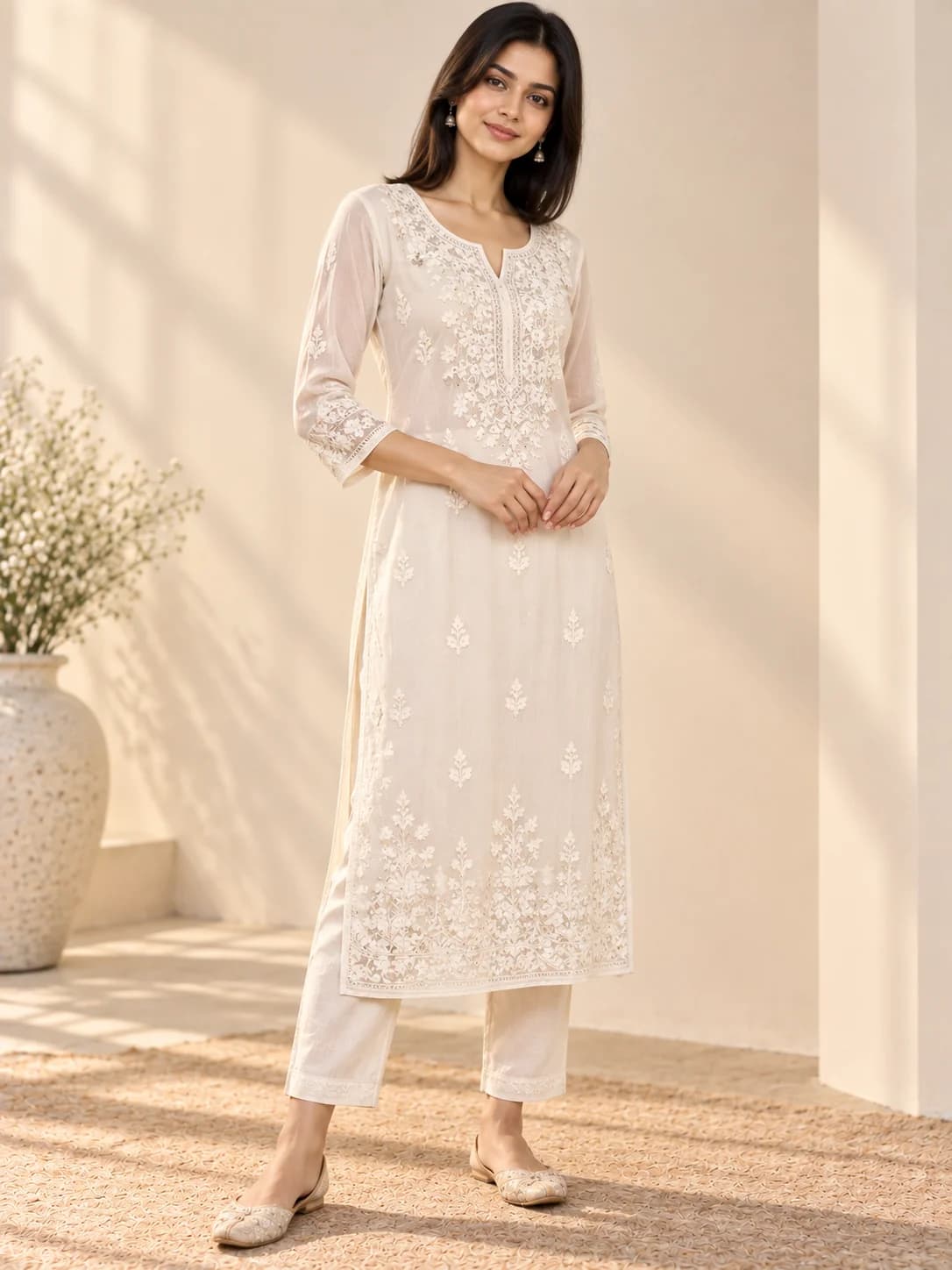 Chikankari Lucknowi Straight Kurta product image — White thumbnail 2