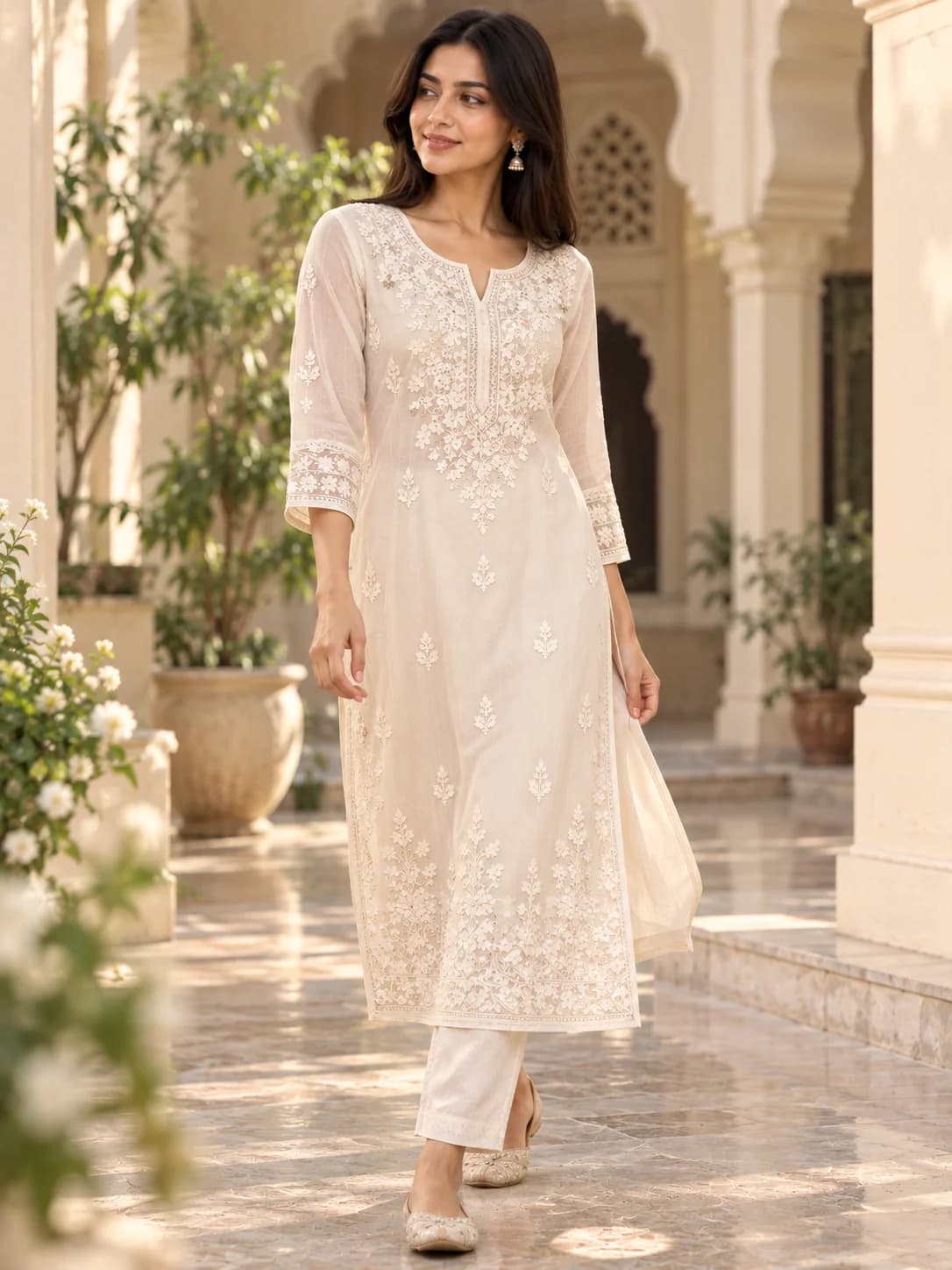 Chikankari Lucknowi Straight Kurta product image — White thumbnail 3