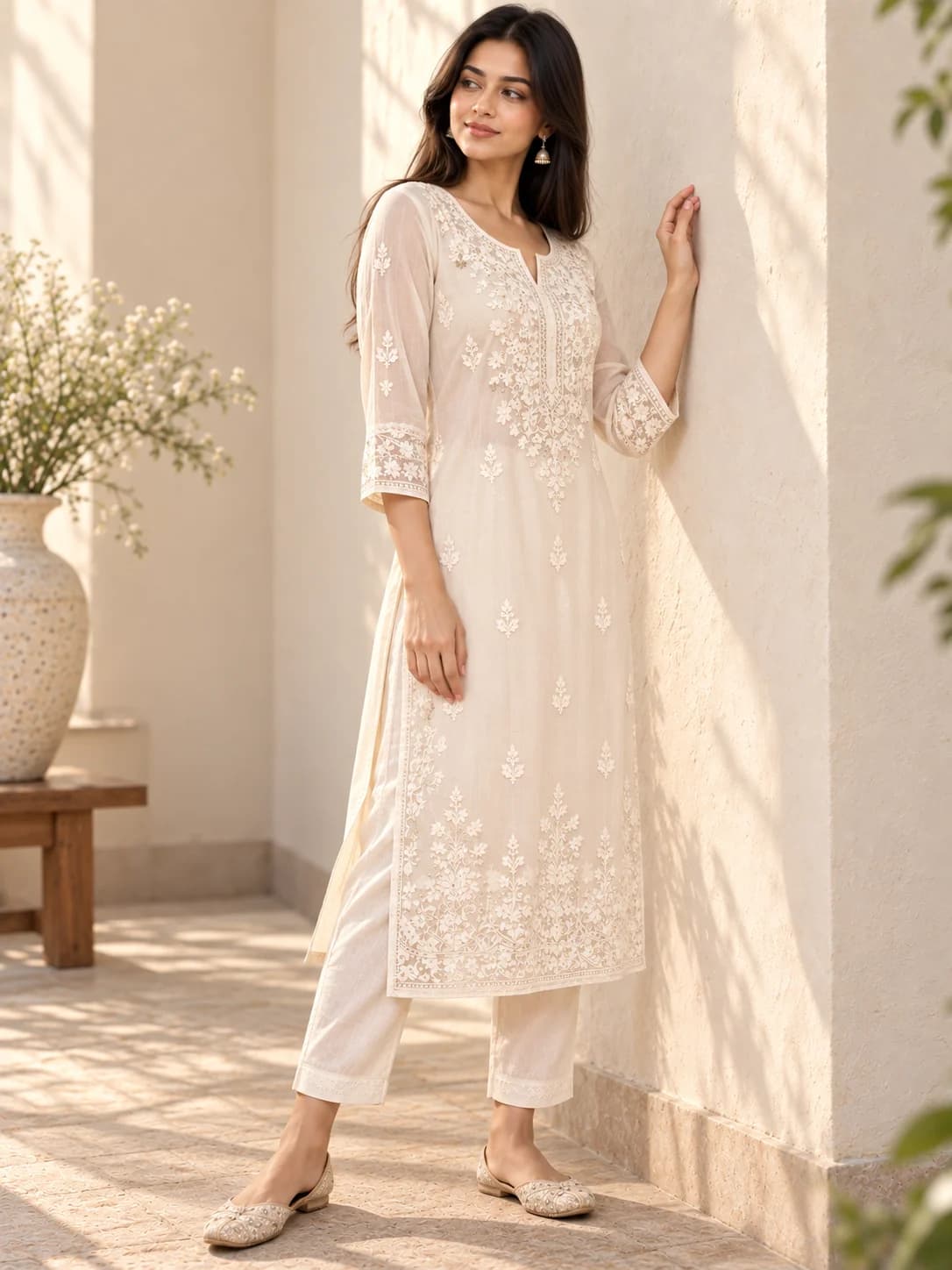Chikankari Lucknowi Straight Kurta product image — White thumbnail 4