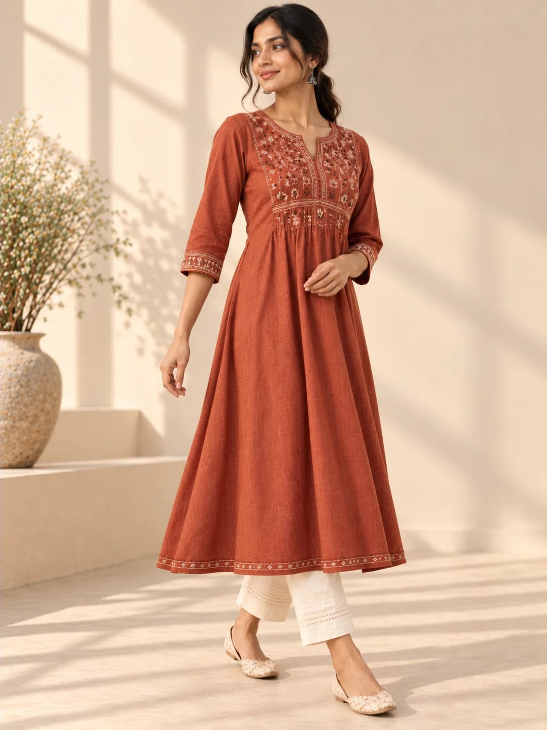 Rust Kantha Embroidered A-Line Kurta product image — Rust thumbnail 2