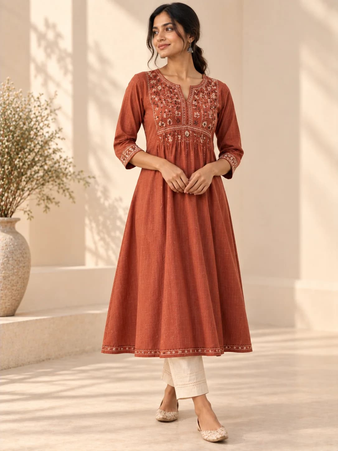 Rust Kantha Embroidered A-Line Kurta product image — Rust thumbnail 3