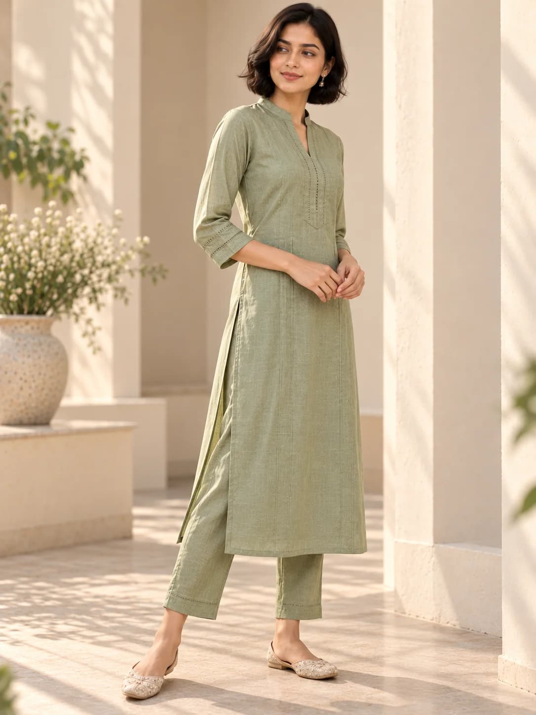 Sage Green Linen Blend Straight Kurta product image — Sage Green thumbnail 2