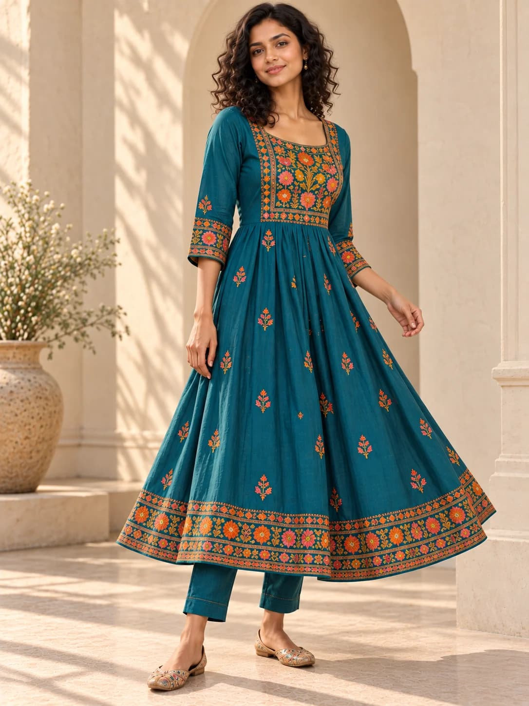 Teal Phulkari Embroidered Flared Kurta product image — Teal thumbnail 2