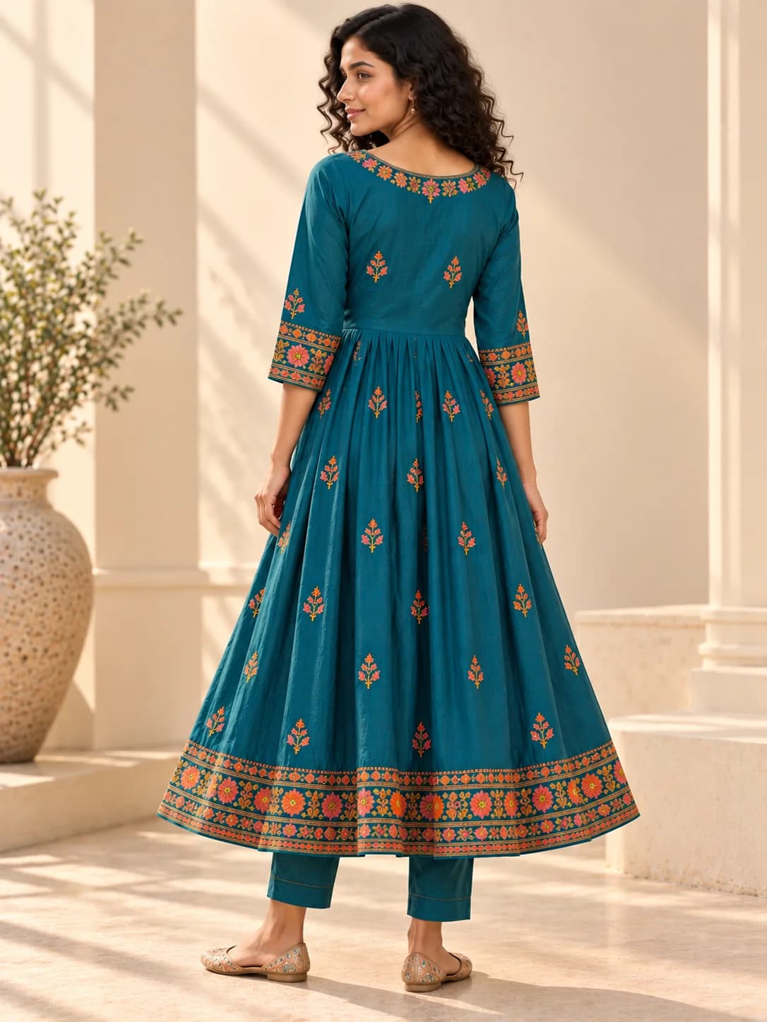 Teal Phulkari Embroidered Flared Kurta product image — Teal thumbnail 4