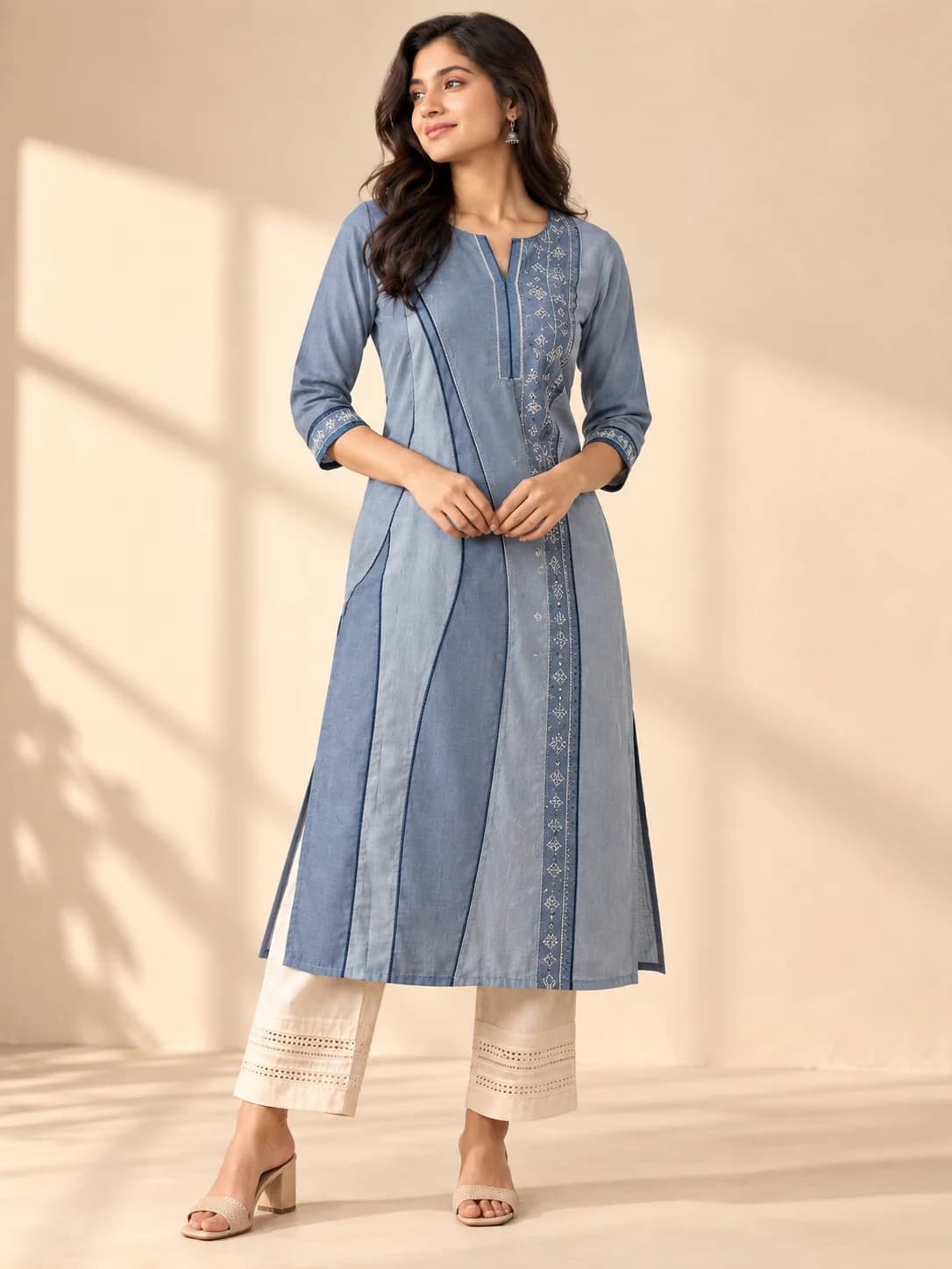 Dusty Blue Cotton Blend Panelled Kurta product image — Dusty Blue — image 1