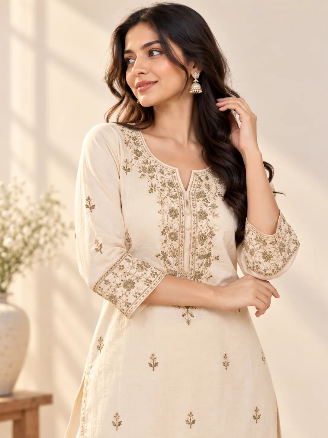 Warm Ivory Cotton Blend Embroidered Kurta product image — Warm Ivory thumbnail 2