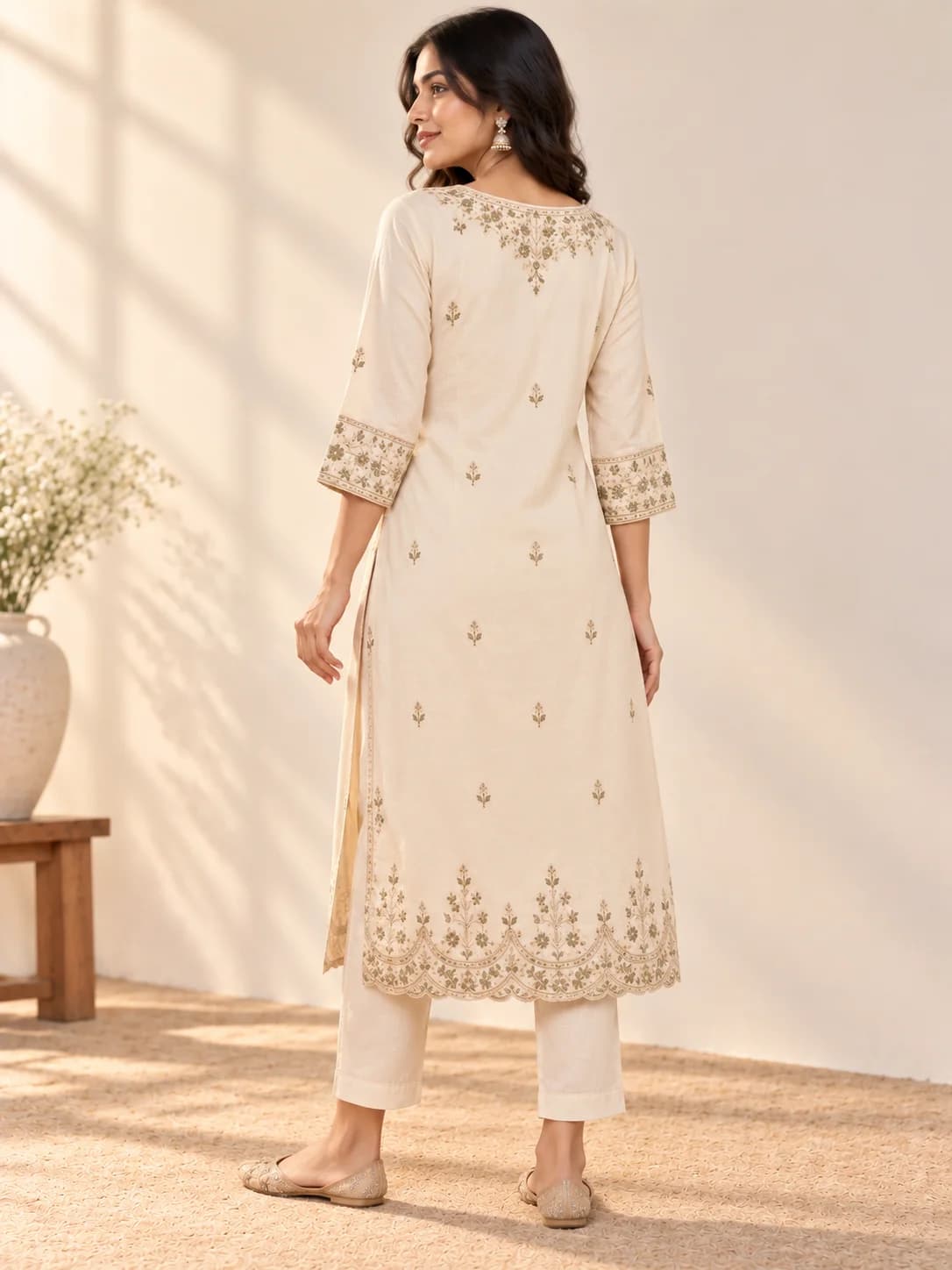 Warm Ivory Cotton Blend Embroidered Kurta product image — Warm Ivory thumbnail 3