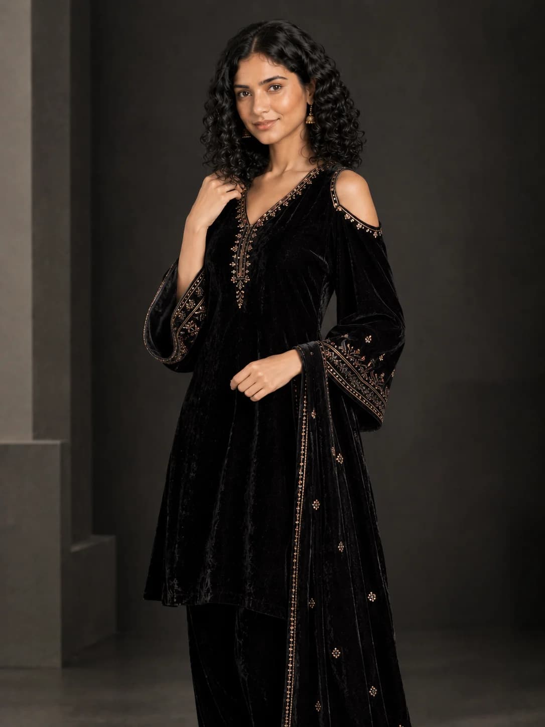 Black Velvet Cold-Shoulder Suit Set product image — Black thumbnail 2