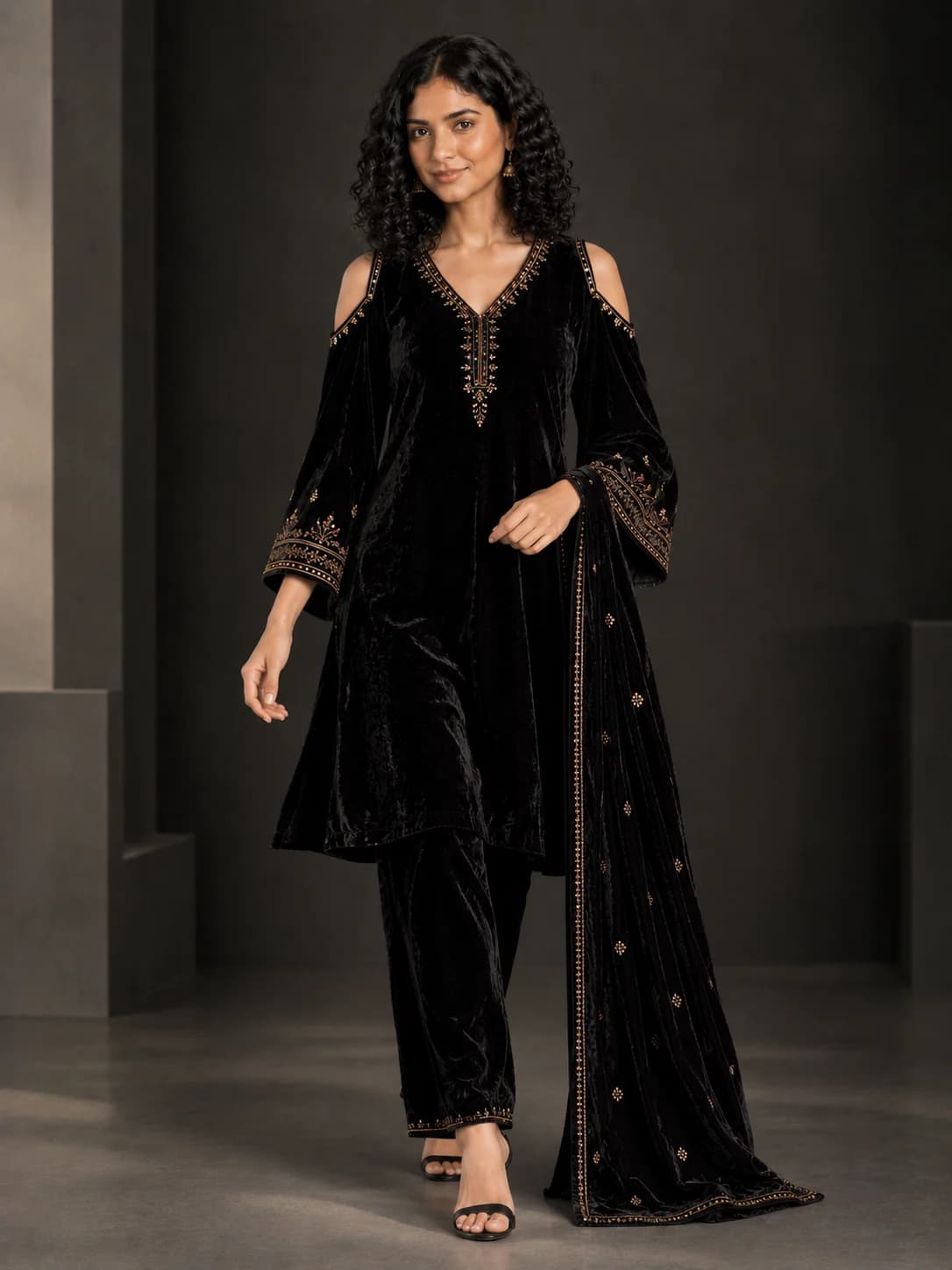 Black Velvet Cold-Shoulder Suit Set product image — Black thumbnail 3