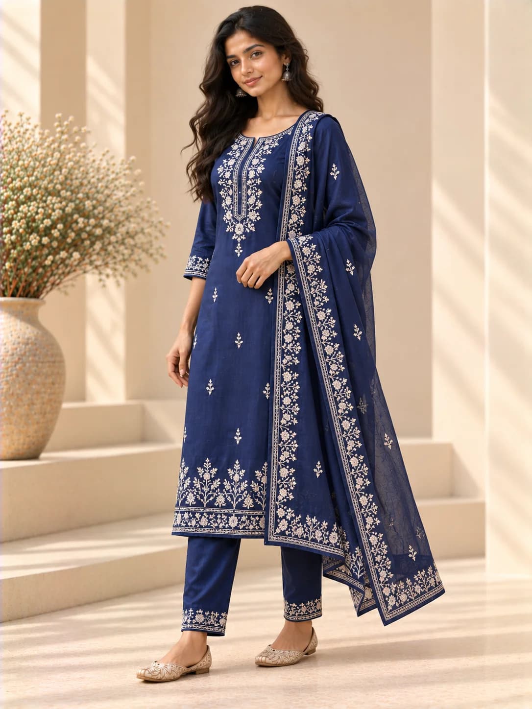 Indigo Cotton Hand-Embroidered Straight Suit Set product image — Indigo thumbnail 2