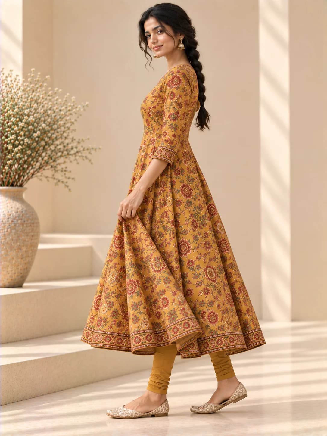 Mustard Floral Anarkali Kurta & Churidar Set product image — Mustard thumbnail 3