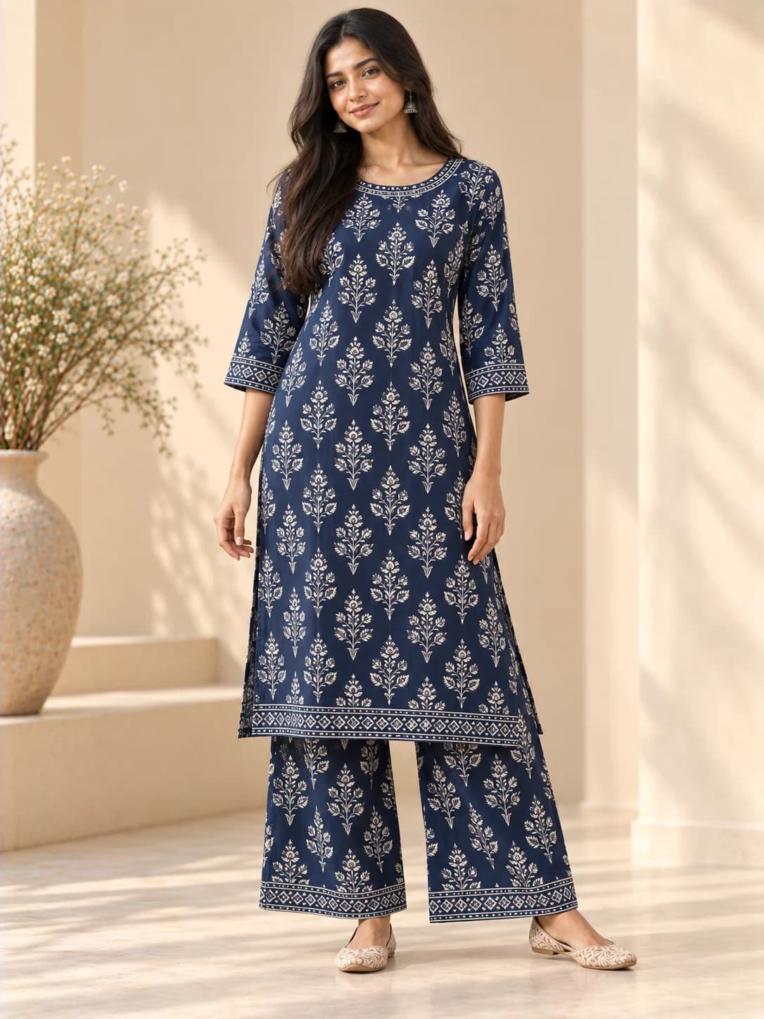 Navy Blue Printed Straight Kurta & Palazzo Set product image — Navy Blue — image 1
