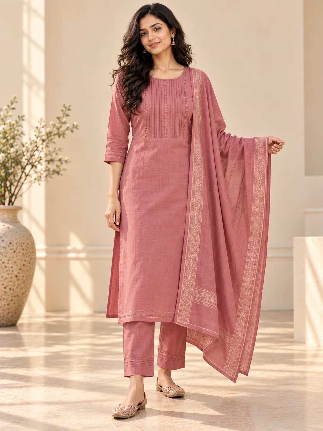 Old Rose Cotton Straight Suit Set product image — Old Rose — image 1