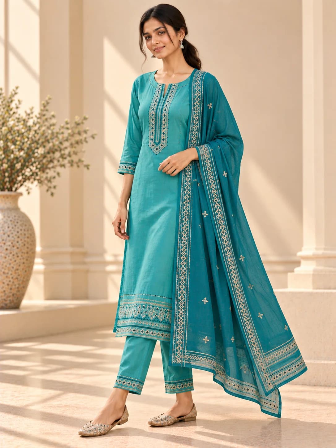 Turquoise Viscose Rayon Embroidered Kurta Set product image — Turquoise thumbnail 2