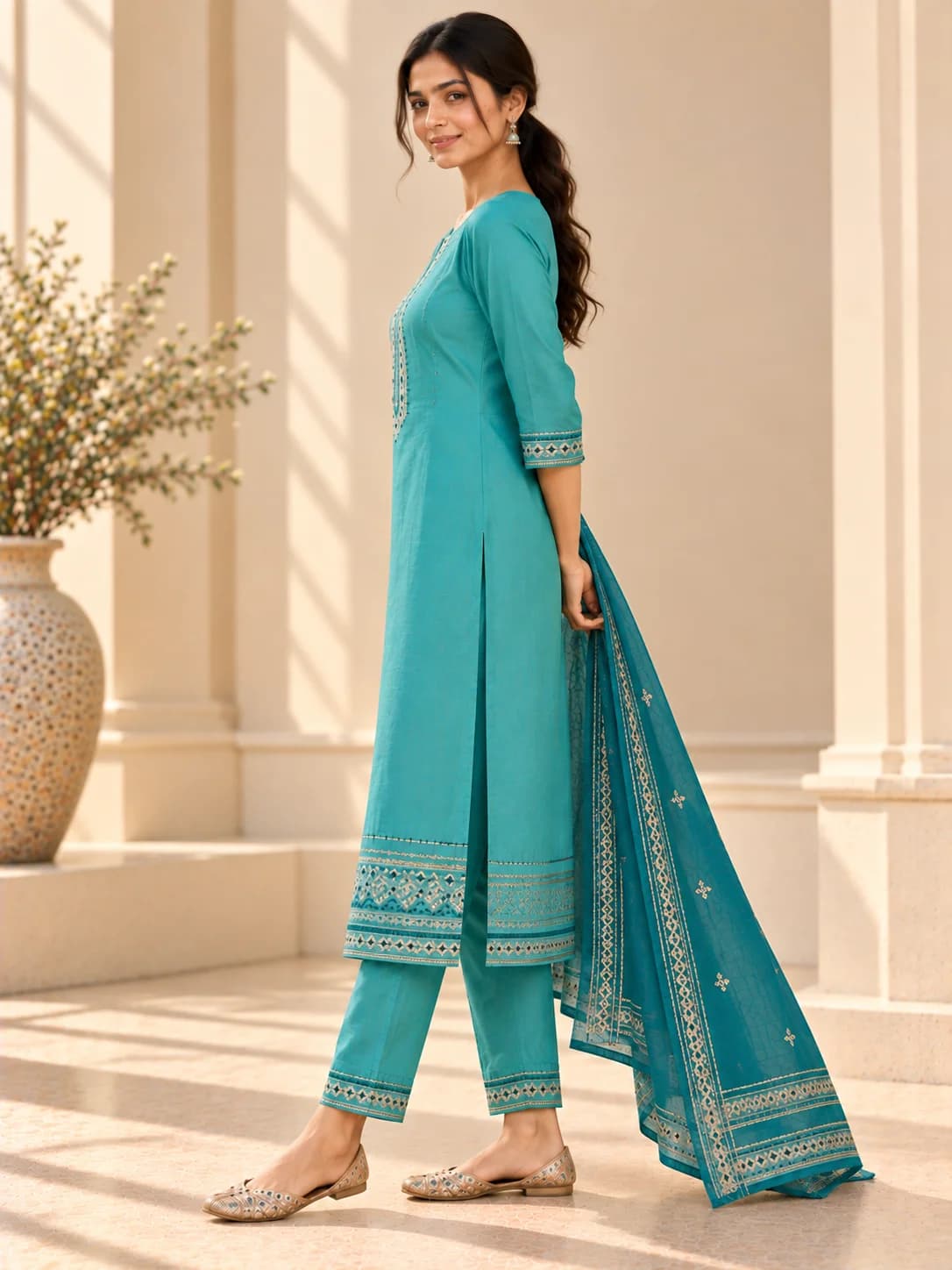 Turquoise Viscose Rayon Embroidered Kurta Set product image — Turquoise thumbnail 3