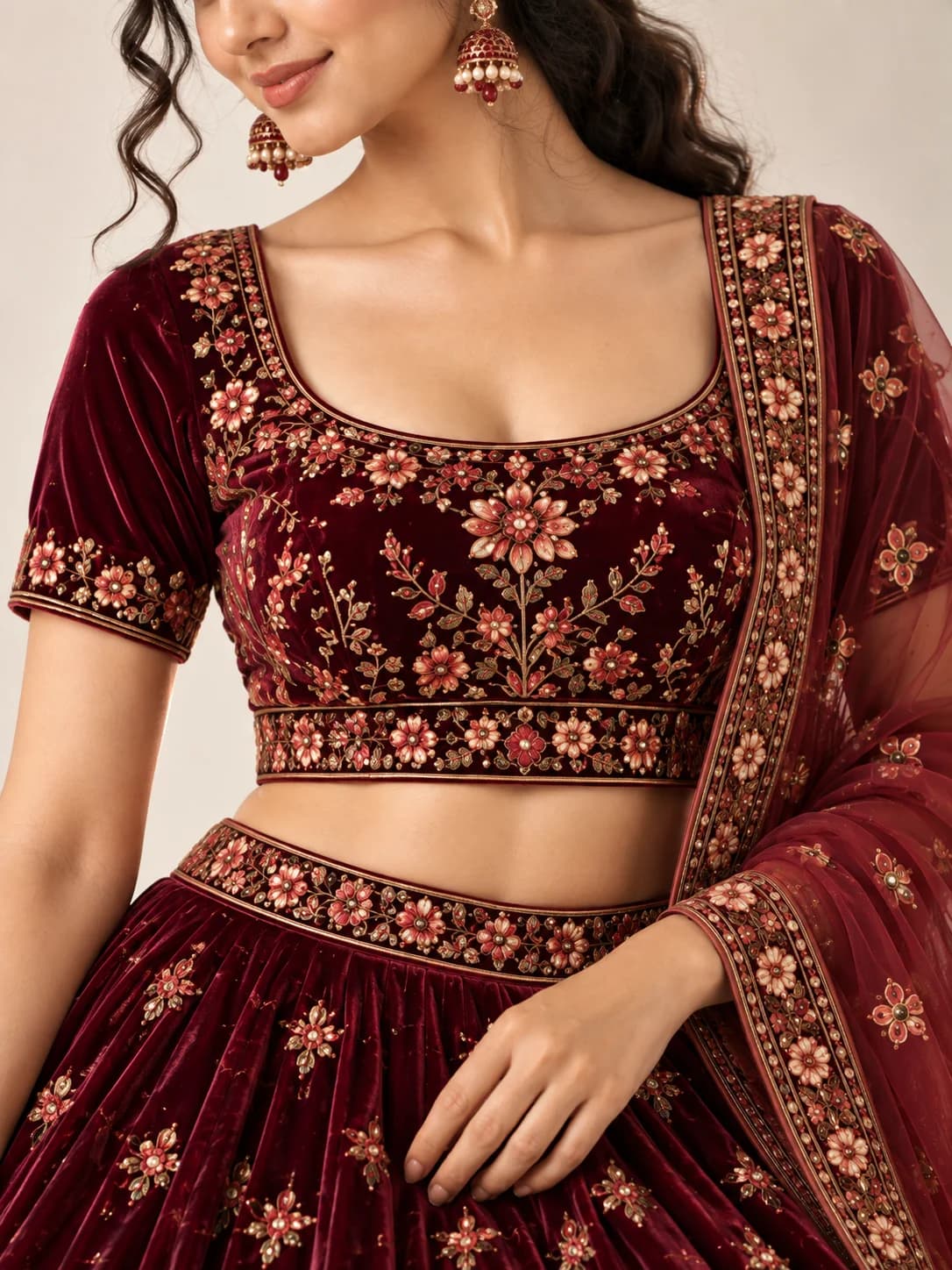 Wine Velvet Lehenga Set product image — Wine thumbnail 5