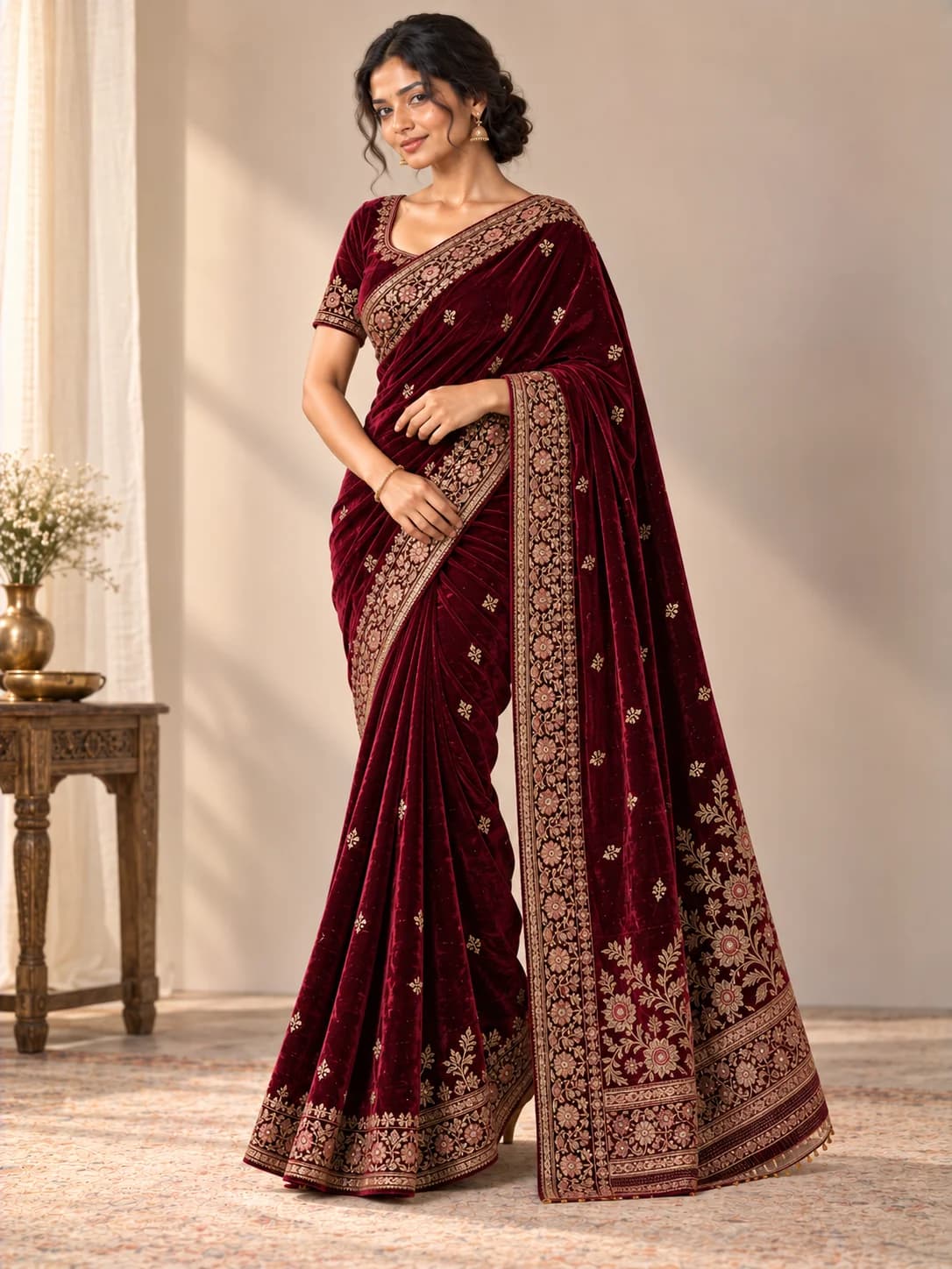 Burgundy Velvet Embroidered Saree product image — Burgundy thumbnail 2