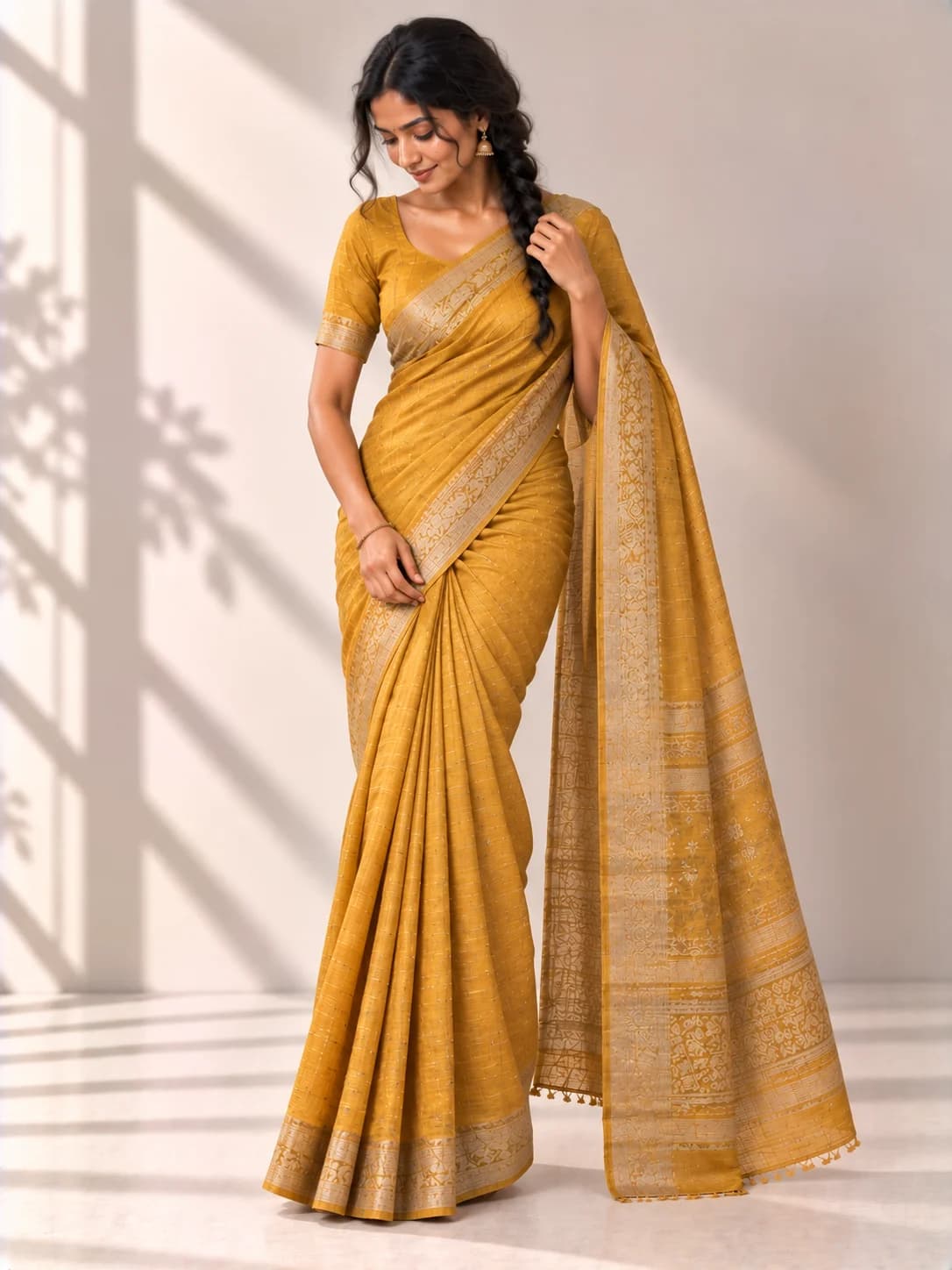 Mustard Tussar Silk Saree product image — Mustard thumbnail 2