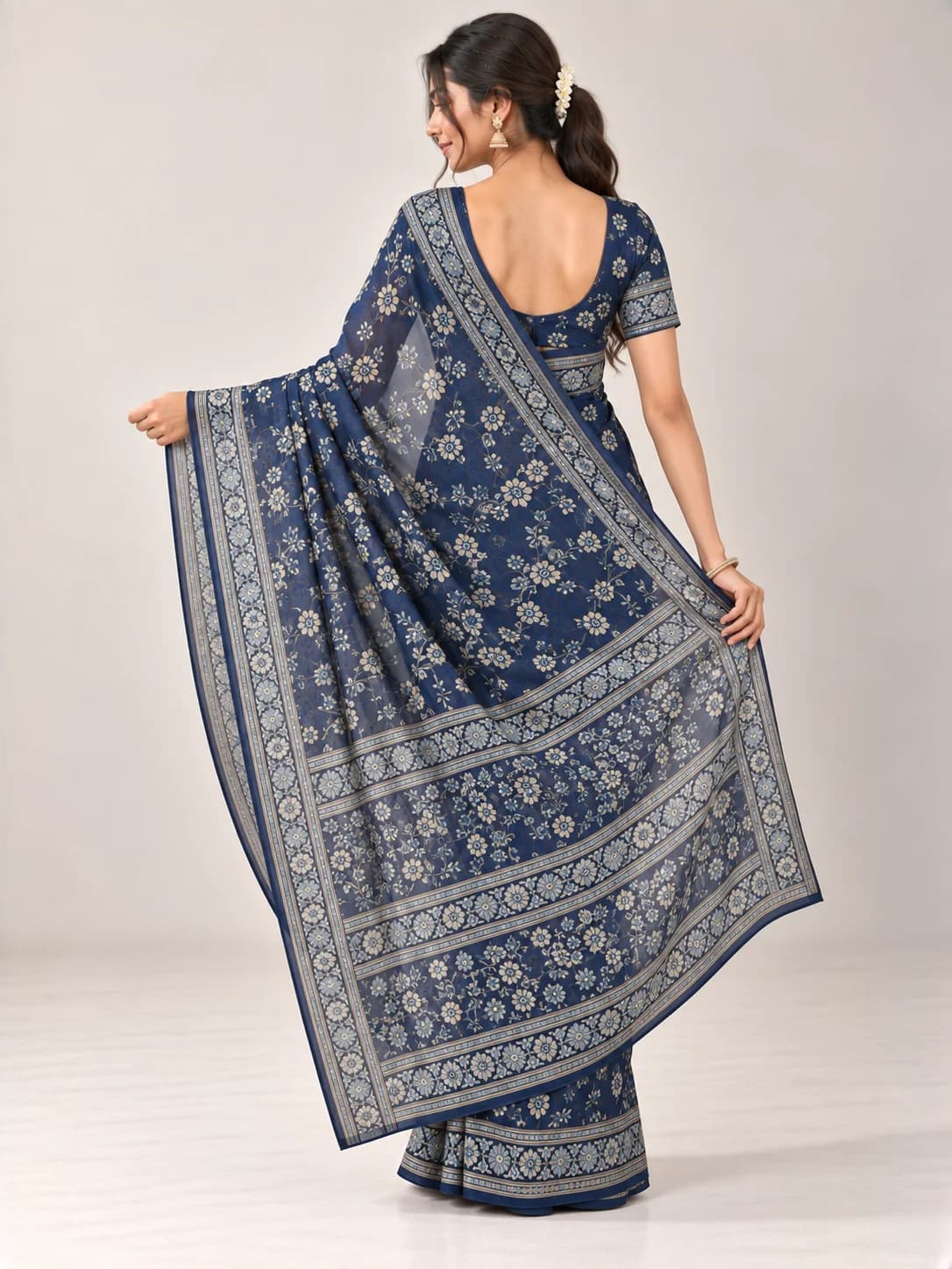 Navy Blue Georgette Printed Saree product image — Navy Blue thumbnail 3