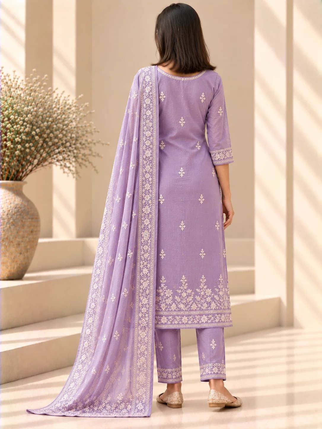 Lavender Cotton Lucknowi Suit Set product image — Lavender thumbnail 4
