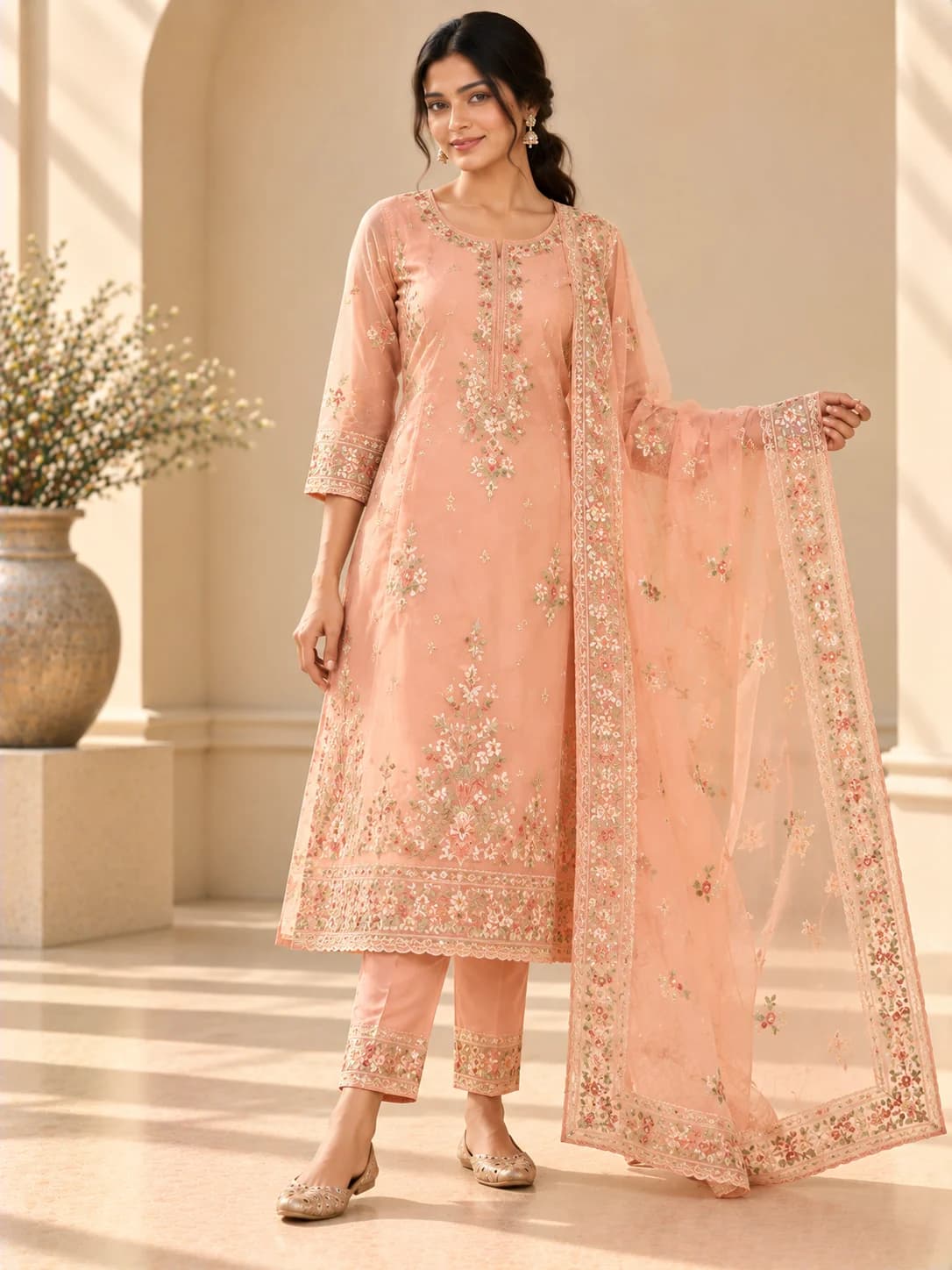 Peach Organza Embroidered Suit Set product image — Peach — image 1