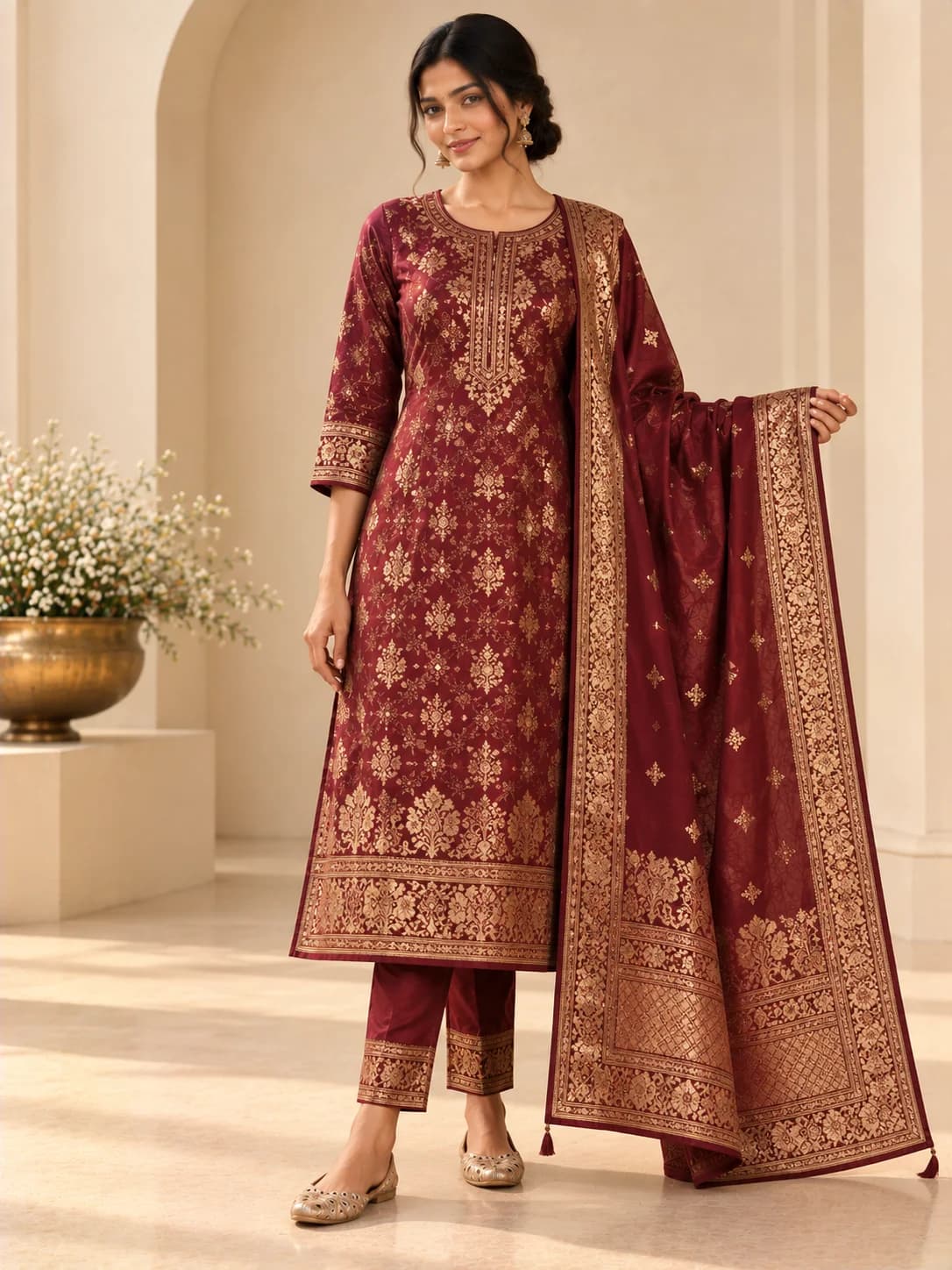 Wine Banaras Brocade Suit Set product image — Wine — image 1