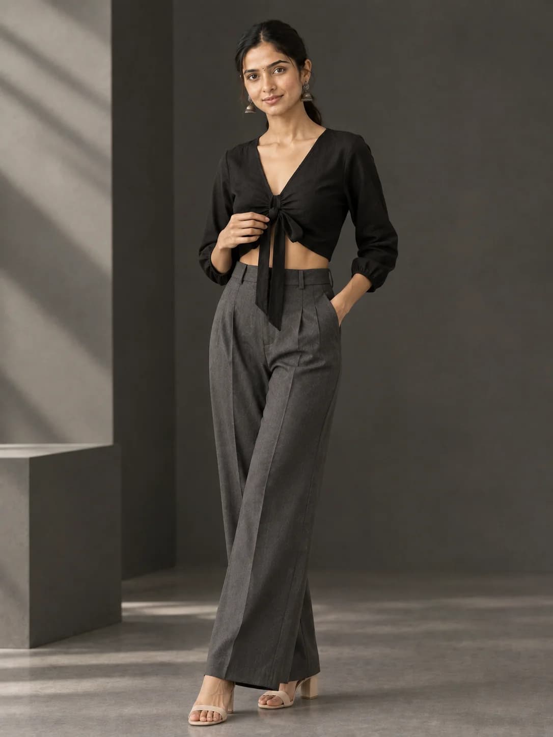 Black Crop Tie-Front Top product image — Black thumbnail 2