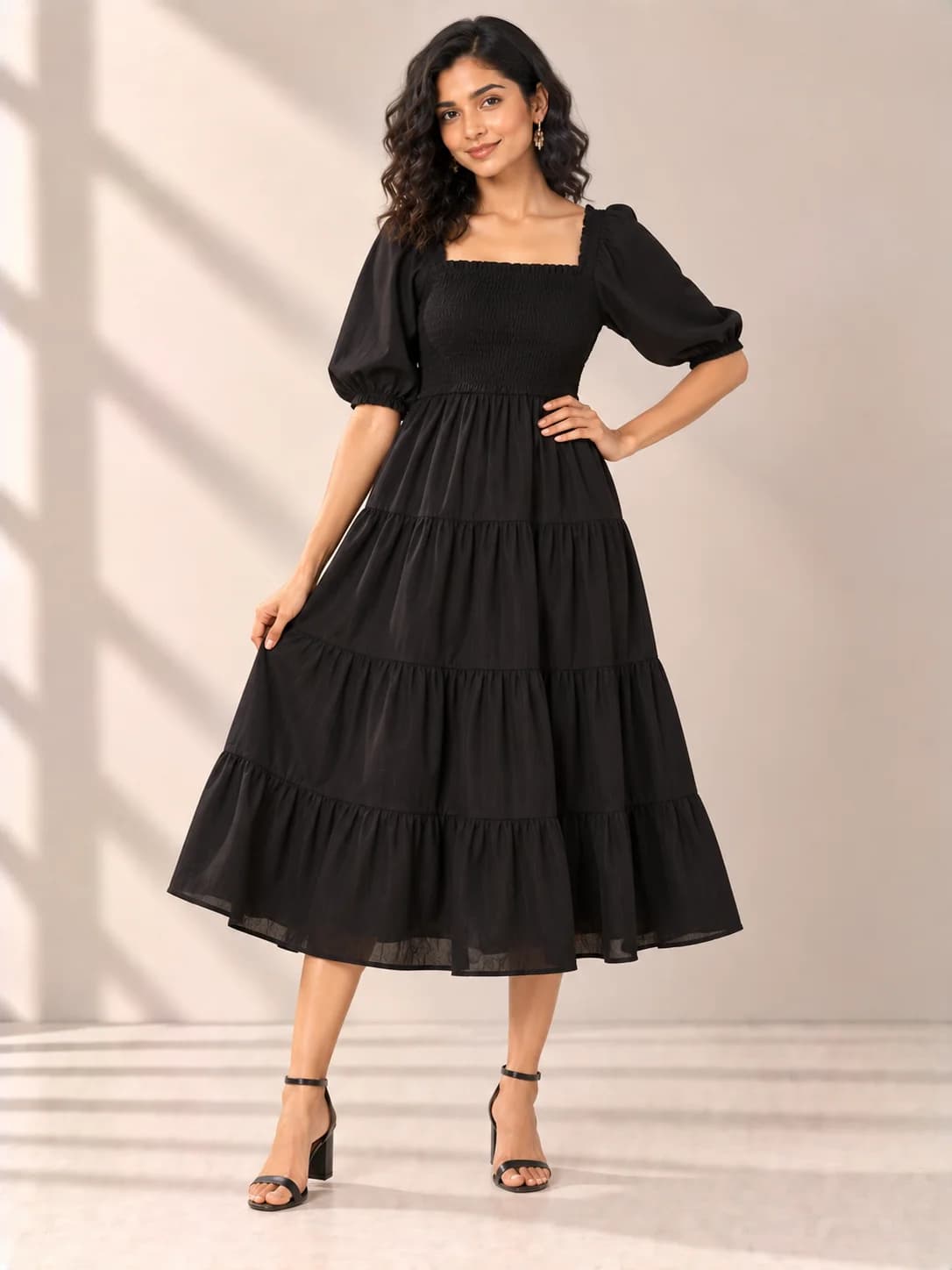 Black Rayon Smocked Tiered Midi Dress product image — Black — image 1