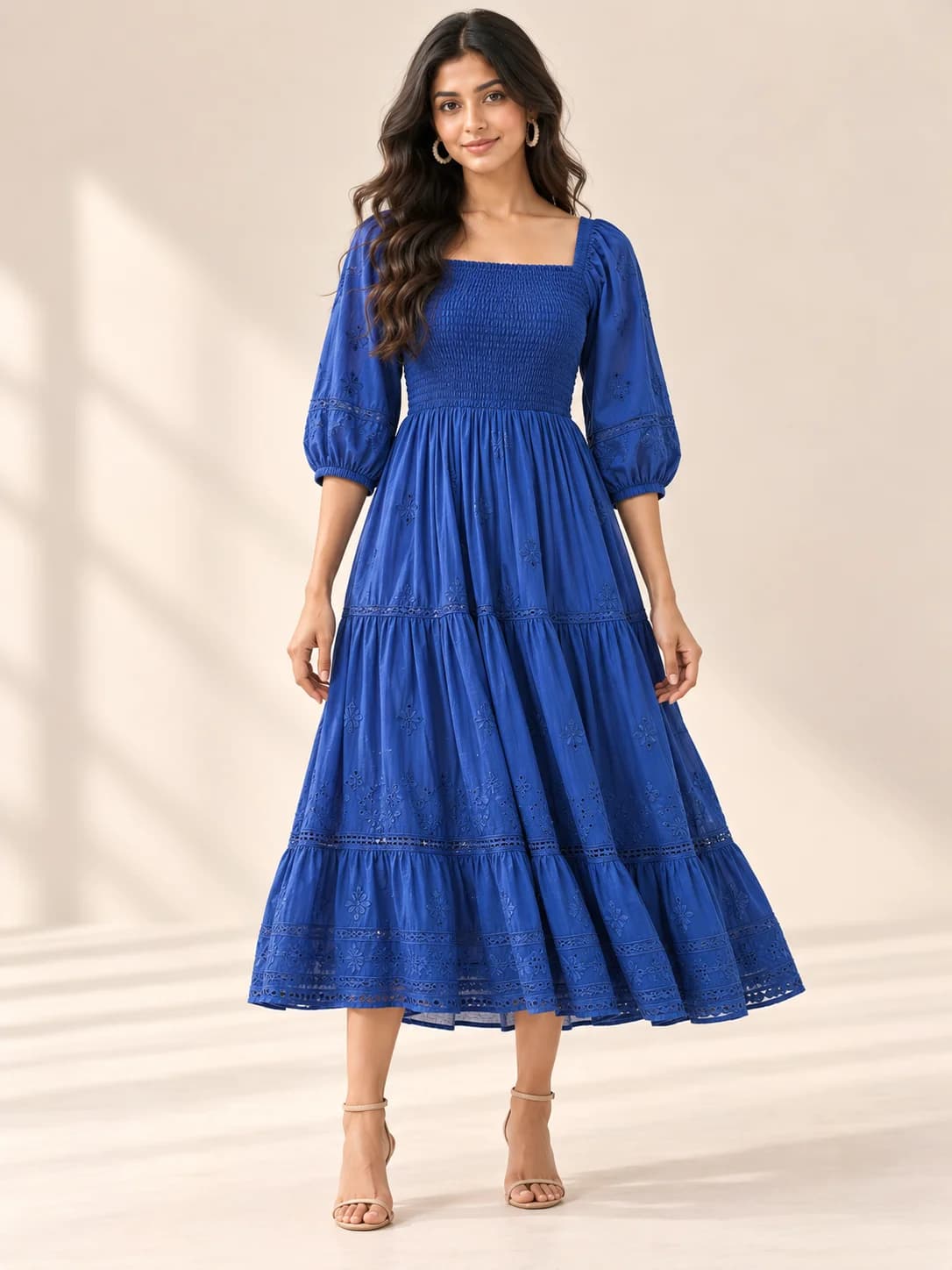 Cobalt Blue Smocked Boho Midi Dress product image — Cobalt Blue — image 1