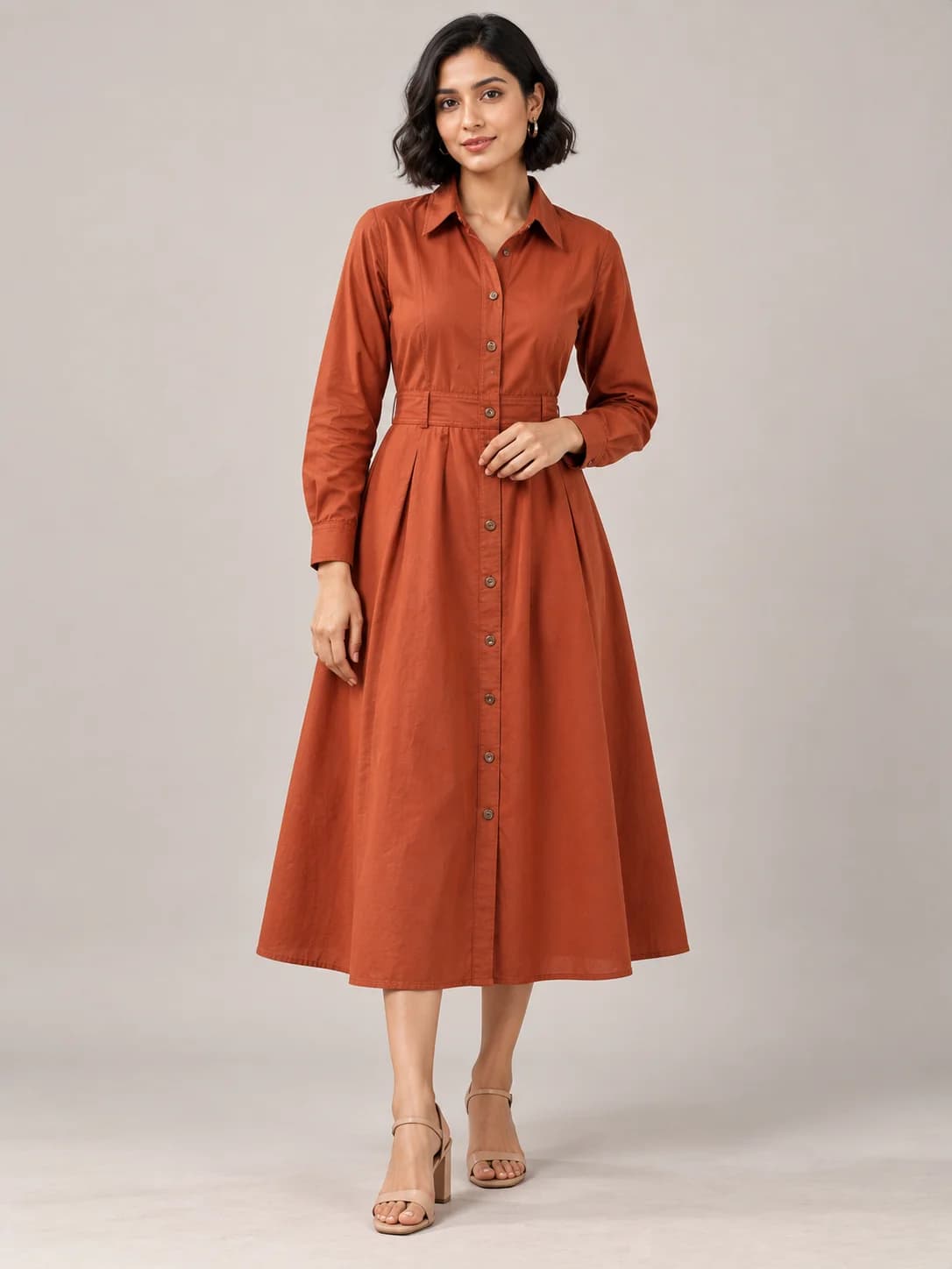 Rust Cotton Midi Shirt Dress product image — Rust — image 1