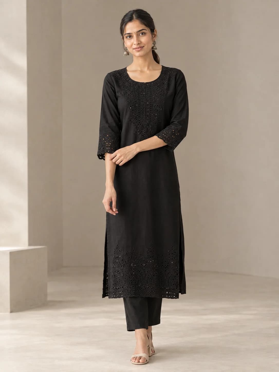 Black Schiffli Embroidered Straight Kurta product image — Black — image 1