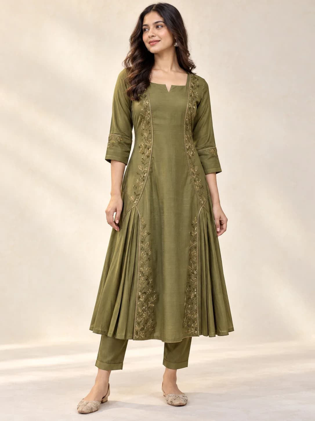 Olive Viscose Blend A-Line Kurta product image — Olive — image 1