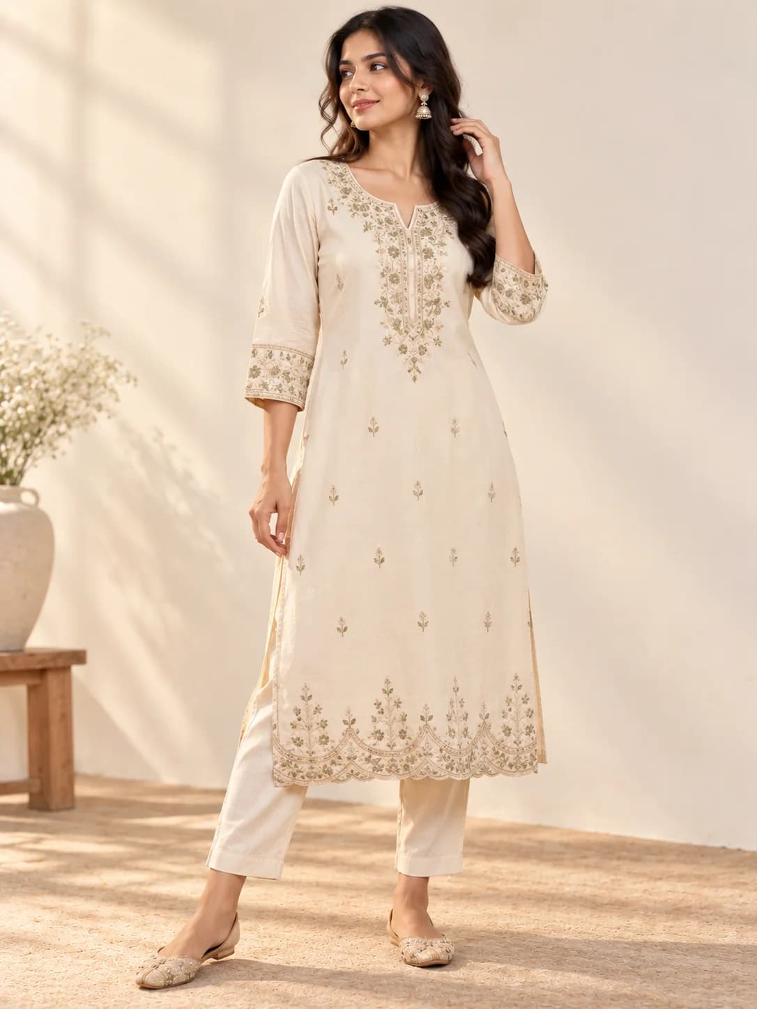 Warm Ivory Cotton Blend Embroidered Kurta product image — Warm Ivory — image 1